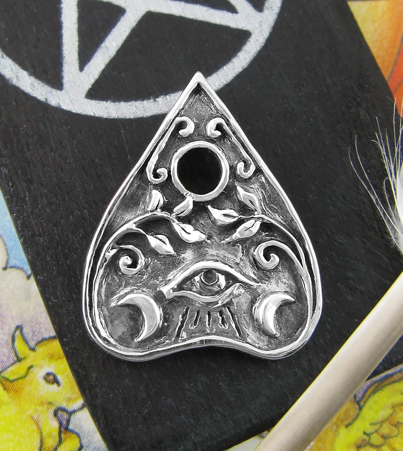 Ouija Planchette Pendant Crescent Moons Floral Vines Evil Eye Spirit Trance Talking Board 100% Handmade Fine Silver
