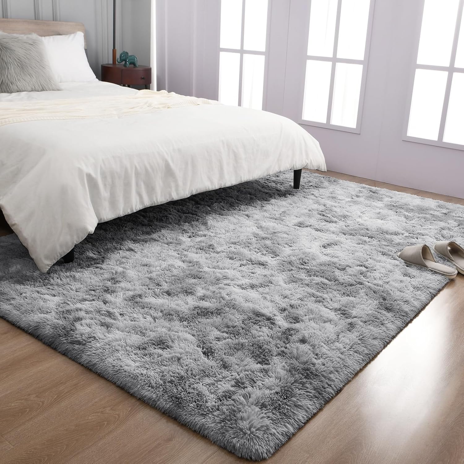 TWINNIS Alfombras grandes de pelo largo de 6 x 9 pulgadas para sala de estar, dormitorio, teñido anudado gris claro, alfombras de felpa súper suaves