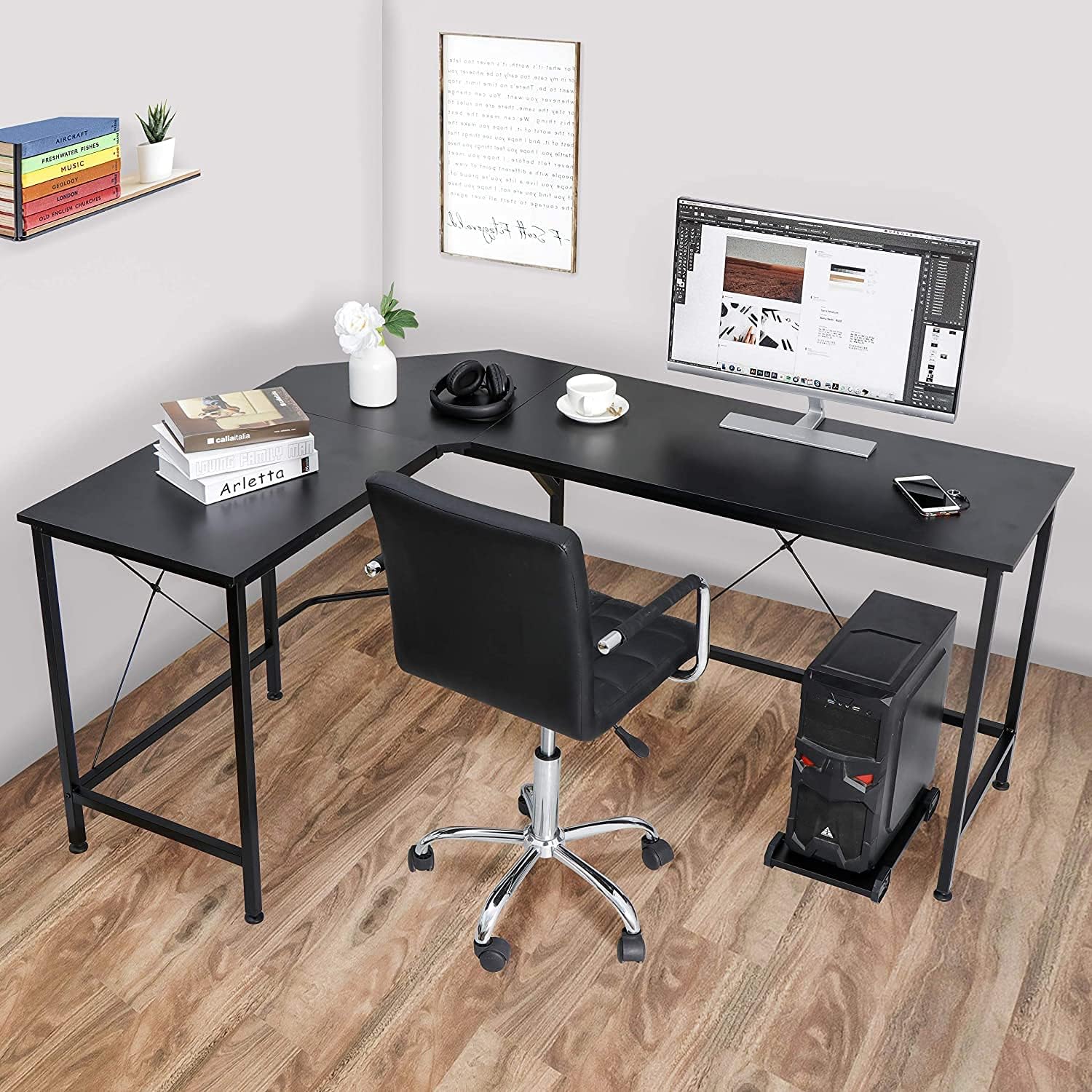 Saicool Escritorio moderno en forma de L para juegos de oficina en casa, escritorio de PC con soporte para CPU, estación de trabajo de escritura