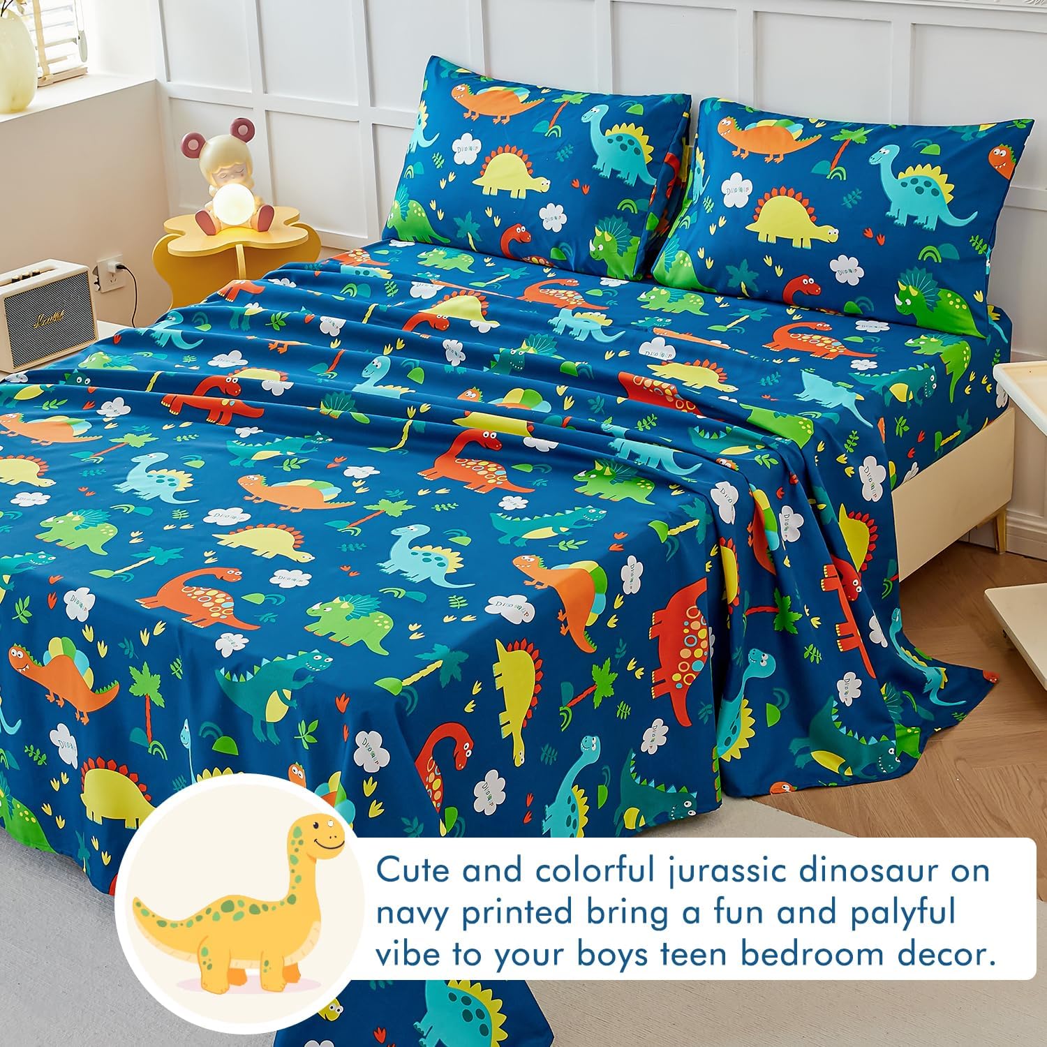 WINLIFE Juego de sábanas de dinosaurio individual para niños, 3 piezas, sábanas de microfibra suave y acogedoras tamaño individual – Sábanas de