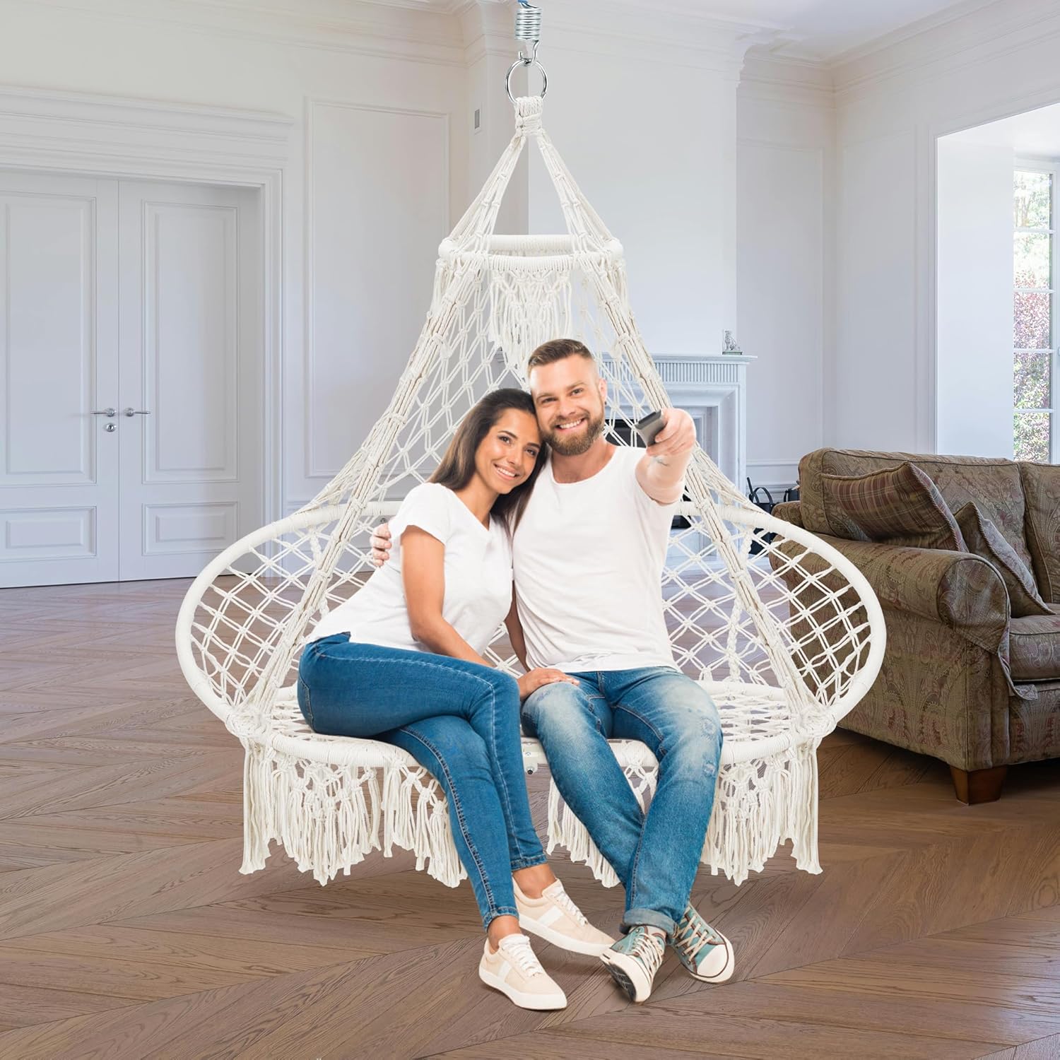 Silla hamaca para 2 personas, columpio de macramé, silla colgante bohemia tejida a mano, marco de metal, capacidad de 400 libras para interiores y