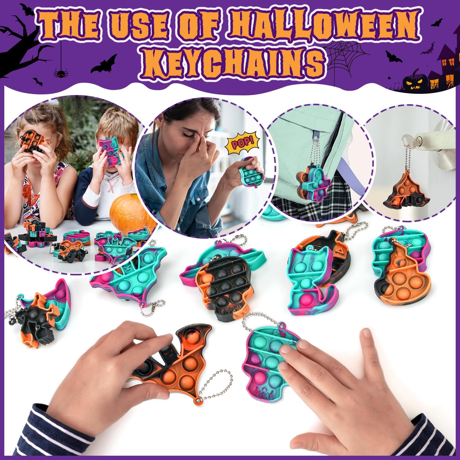 Llavero de Halloween Pop Fidget Toys, paquete de 24 mini llaveros a granel, juguetes de Halloween y recuerdos de fiesta para niñas y niños, alivia