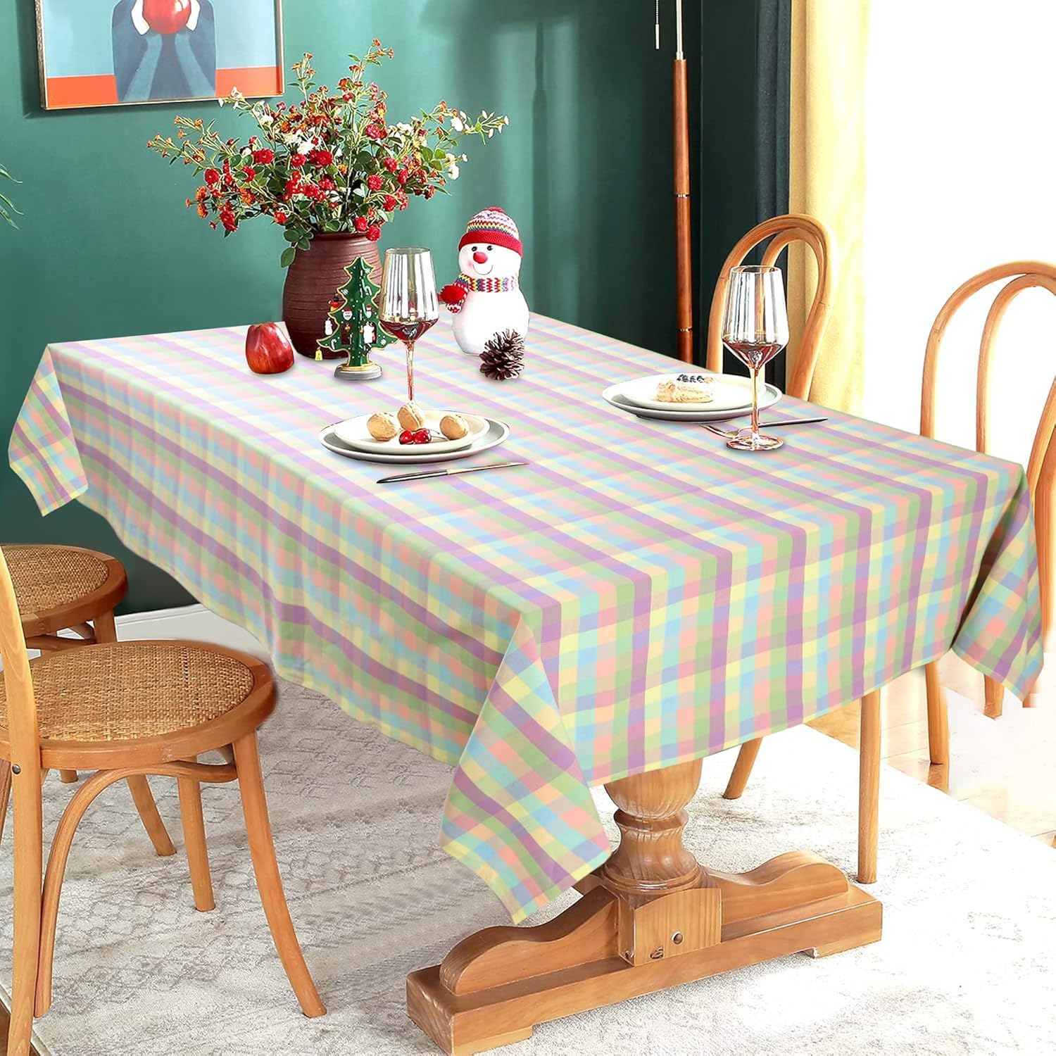Urban Villa – Mantel de mesa 100% algodón, para uso diario, cenas familiares o fiestas en interiores o exteriores, a cuadros, modelo de Pascua,