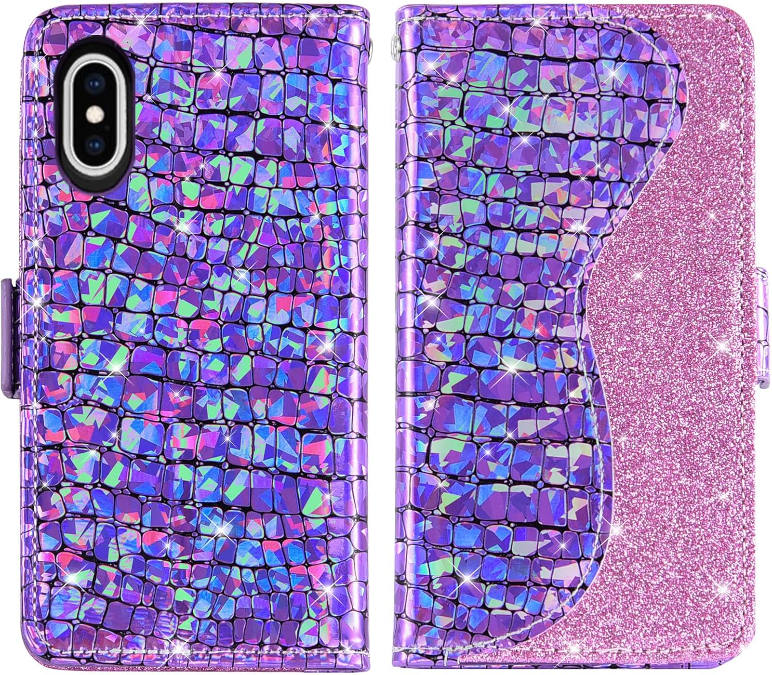 Asuwish Funda de teléfono para iPhone Xs Max con protector de pantalla y correa para la muñeca, soporte para tarjeta de crédito con purpurina