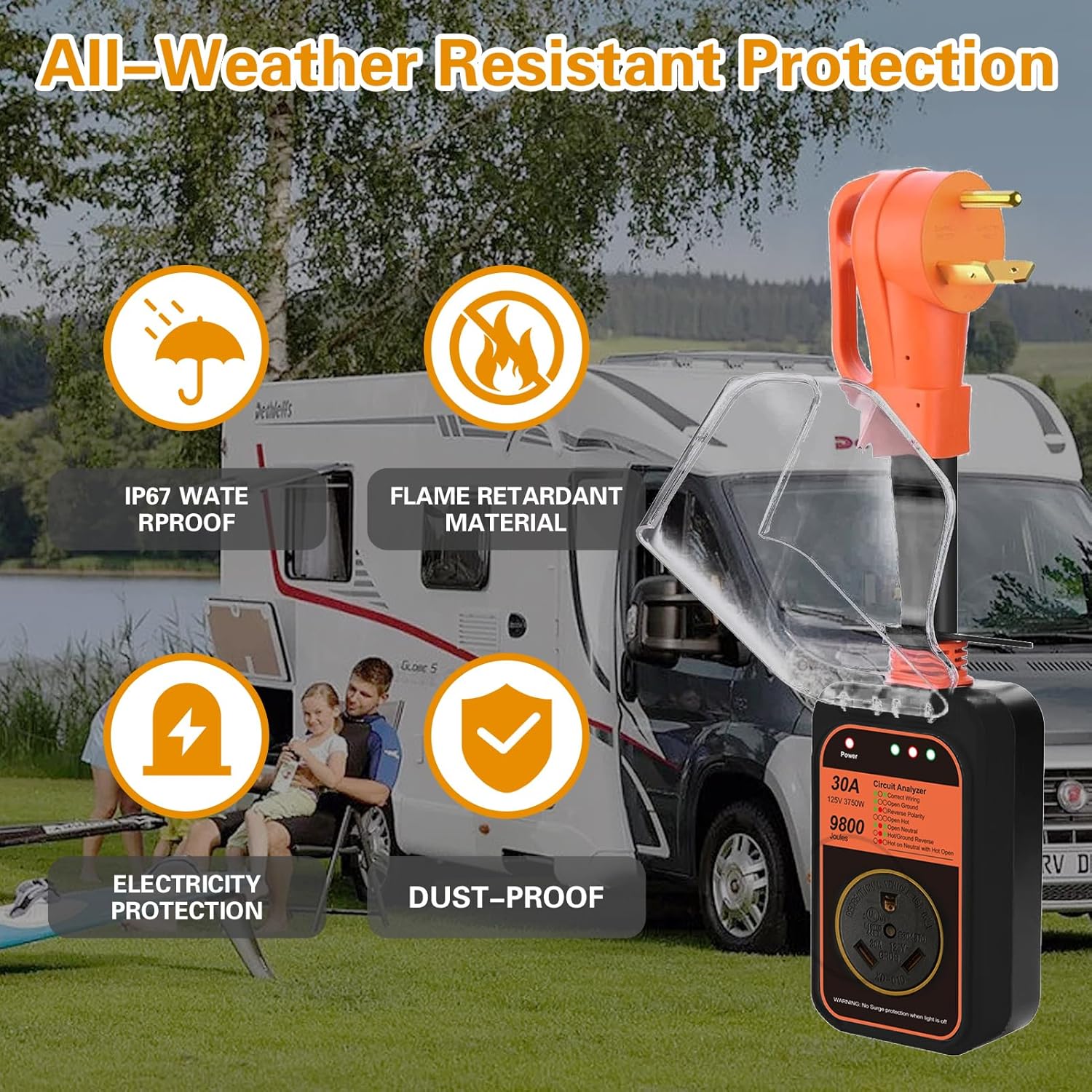 Protector de sobretensiones RV de 30 amperios, 9800 julios mejorados, certificado UL y FCC, RoHS, protector de voltaje de alimentación con cubierta