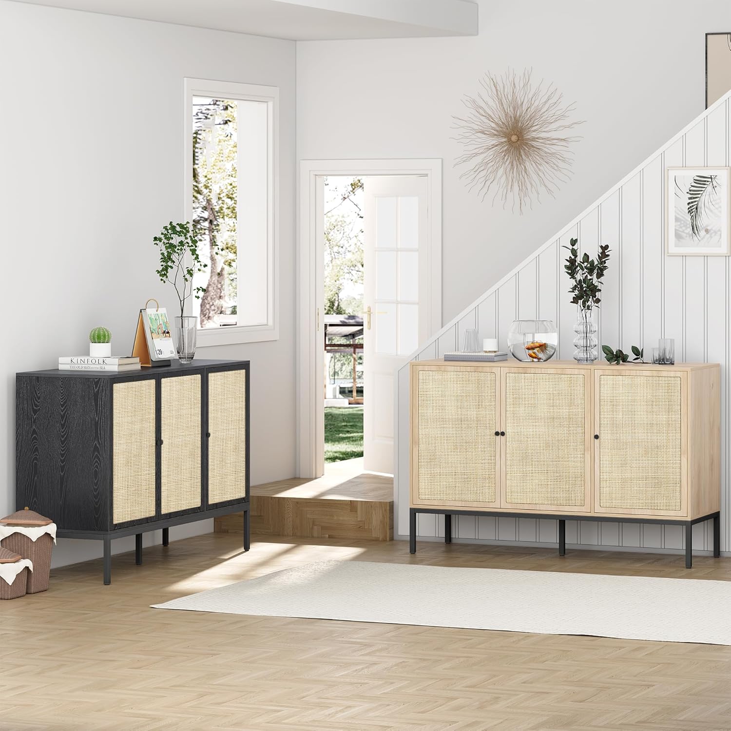 Brafab Mueble de ratán para almacenamiento, mesa de buffet, consola para sala de estar, entrada, cocina, comedor, 3 puertas, color negro