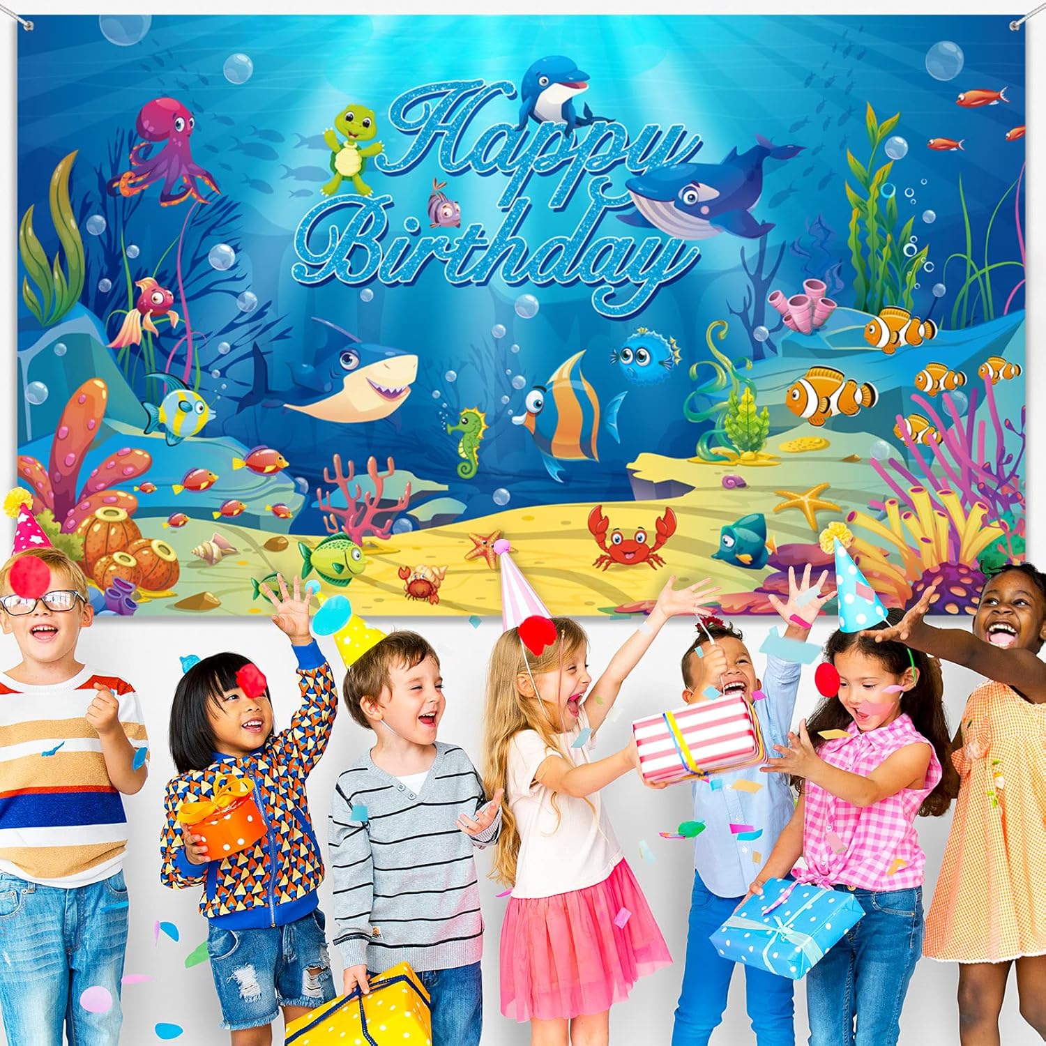 Fondo de fondo marino con temática de animales del océano, decoración de cumpleaños con temática de fondo para fotografía de cumpleaños para niños,
