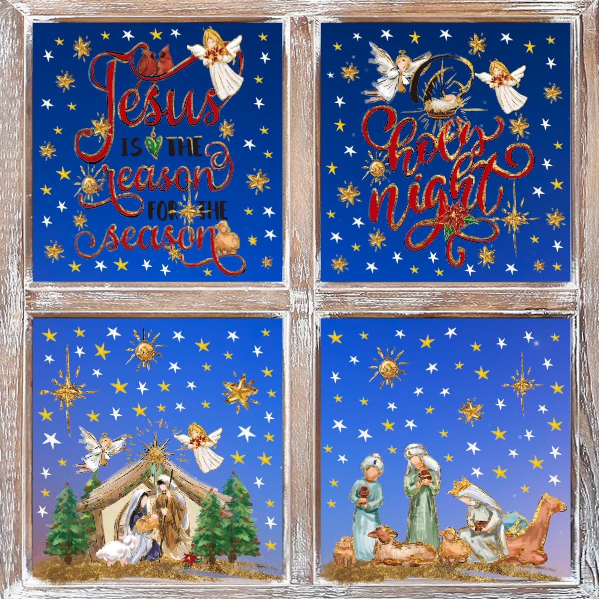 Horaldaily 251 calcomanías de Navidad para ventana, decoración de exhibición de vidrio para decoración de Navidad, escena de pesebre, noche santa