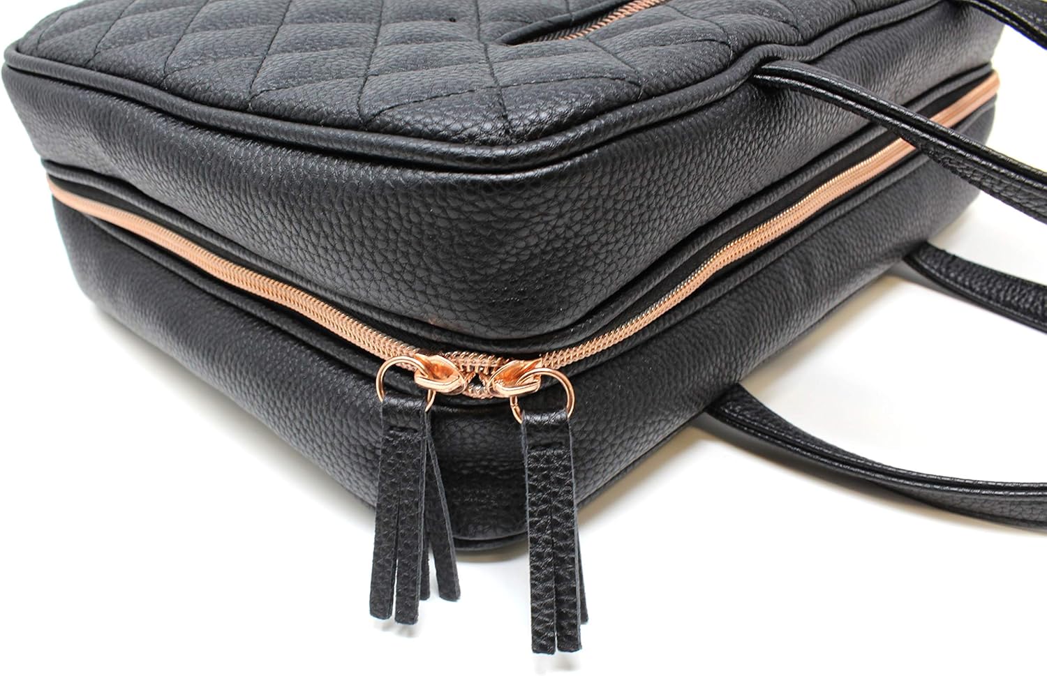 Neceser de viaje de cuero para mujer, tamaño cosmético grande con 4 bolsillos, herrajes de oro rosa e interior satinado, negro acolchado