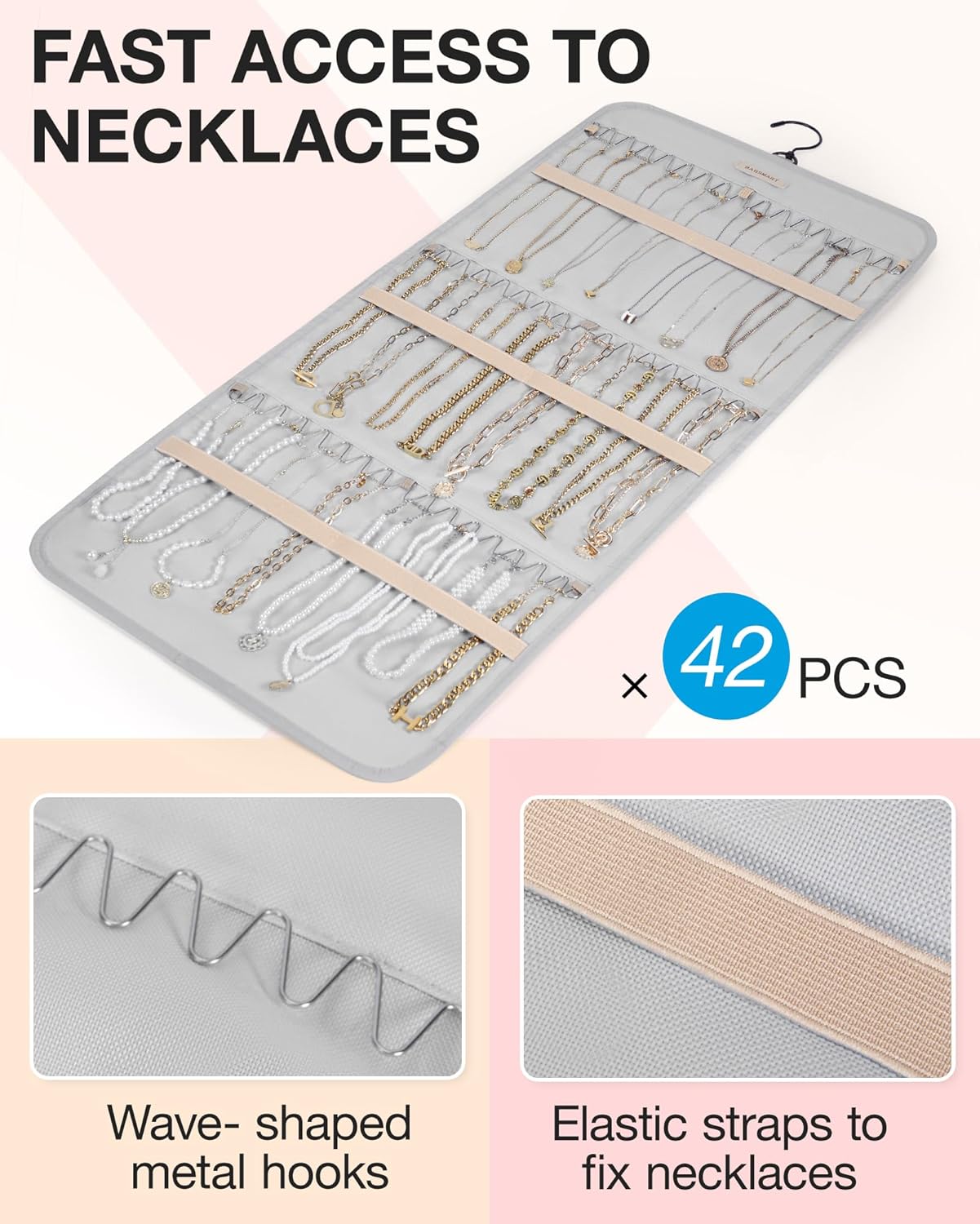 BAGSMART Organizador de joyas colgante rollo de almacenamiento con ganchos de metal de doble cara para aretes, collares, anillos en el armario,