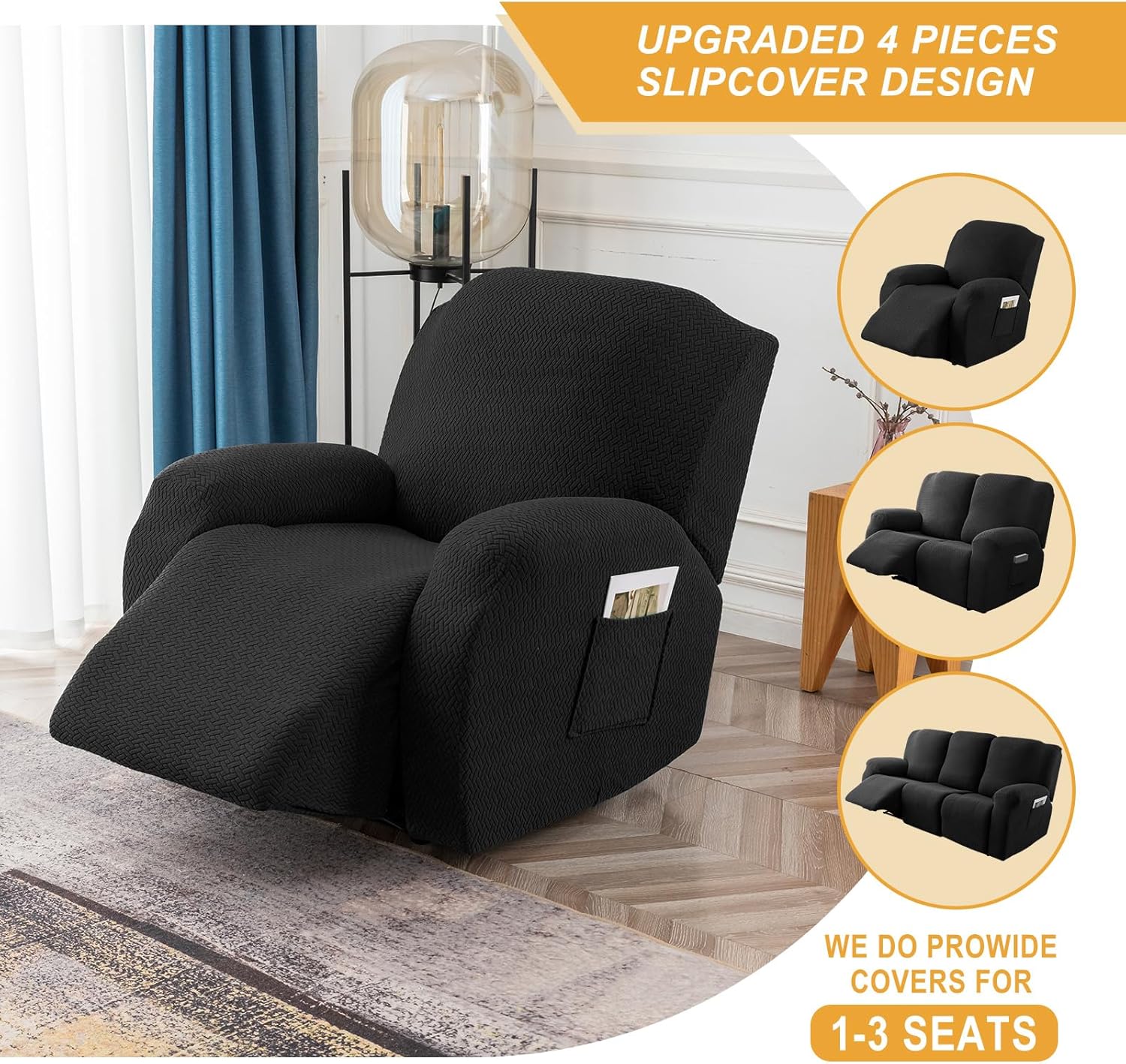Genina Funda reclinable elástica para sofá reclinable, funda de sofá para sofá reclinable, protector de muebles de jacquard grueso, lavable (negro,