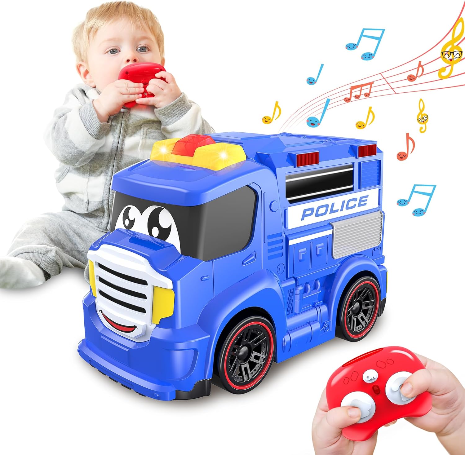 Auto a control remoto para niños pequeños, juguetes ideales para niños de 2 a 3 años, primer auto de policía a control remoto con sirenas y luces,