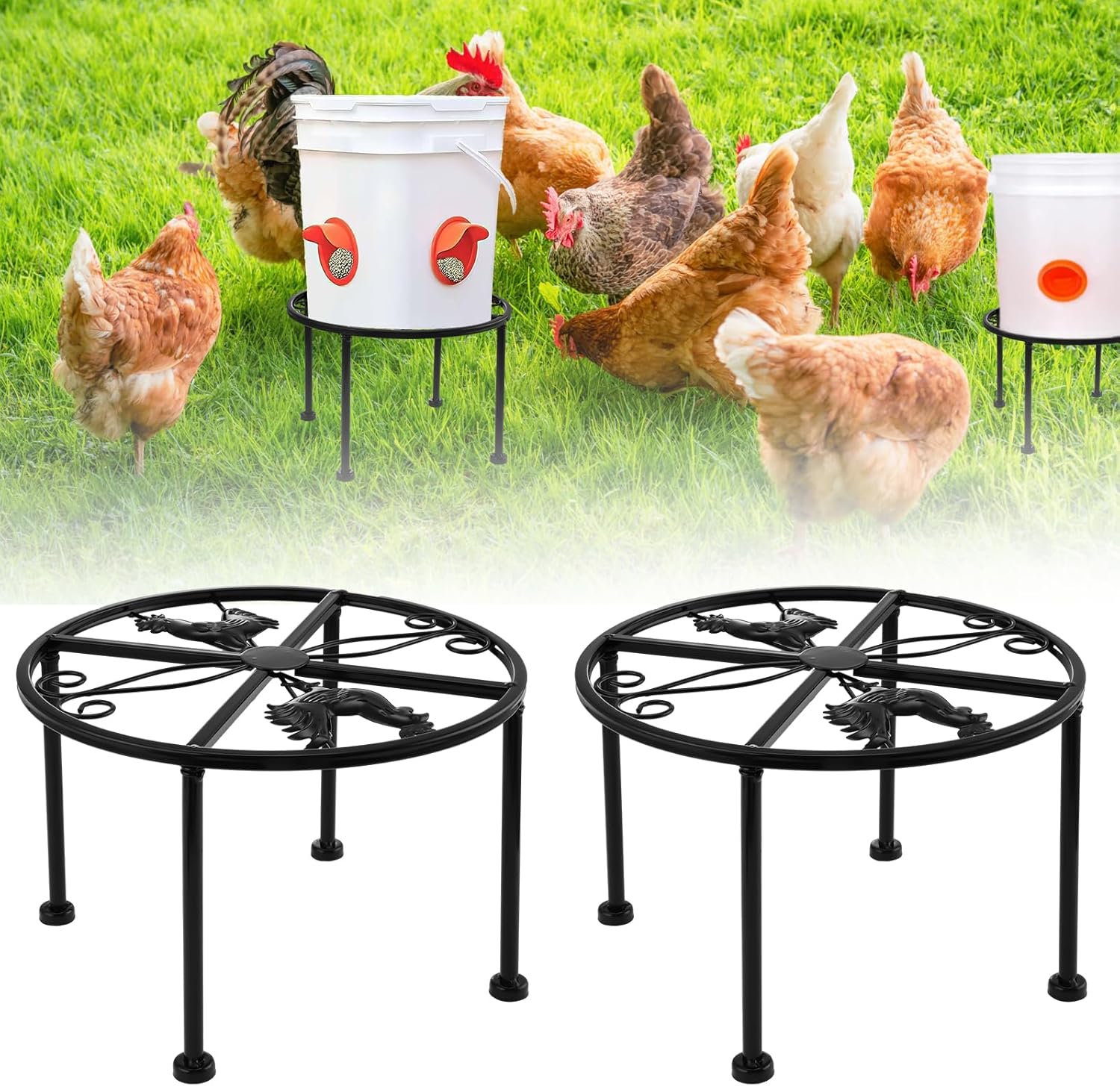 Soporte de metal para comedero y bebedero de pollo, 2 piezas, 4 patas de hierro desmontables, 11.4 in de diámetro, 7.1 in de altura, adecuado para