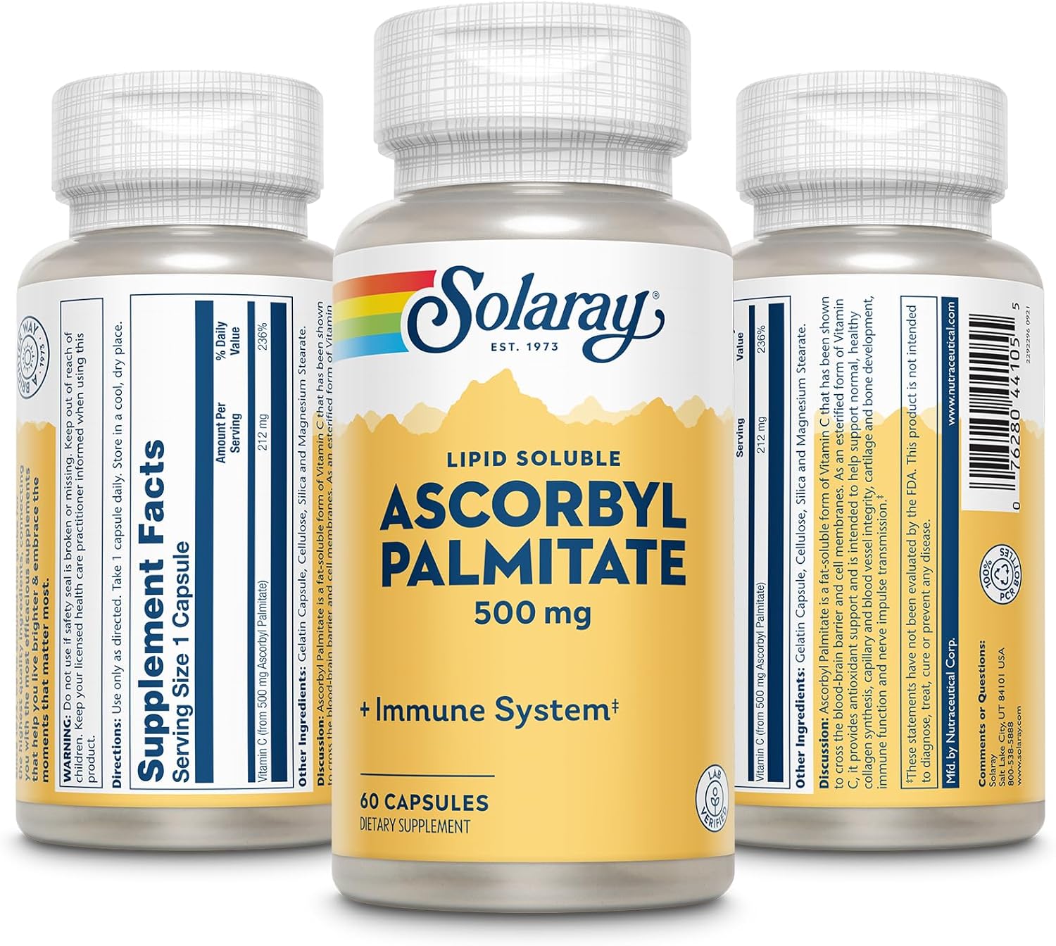 SOLARAY Palmitato de ascorbilo Vitamina C 500mg  Antioxidante, función inmunológica, apoyo para la salud ósea, articular y nerviosa  60 cápsulas