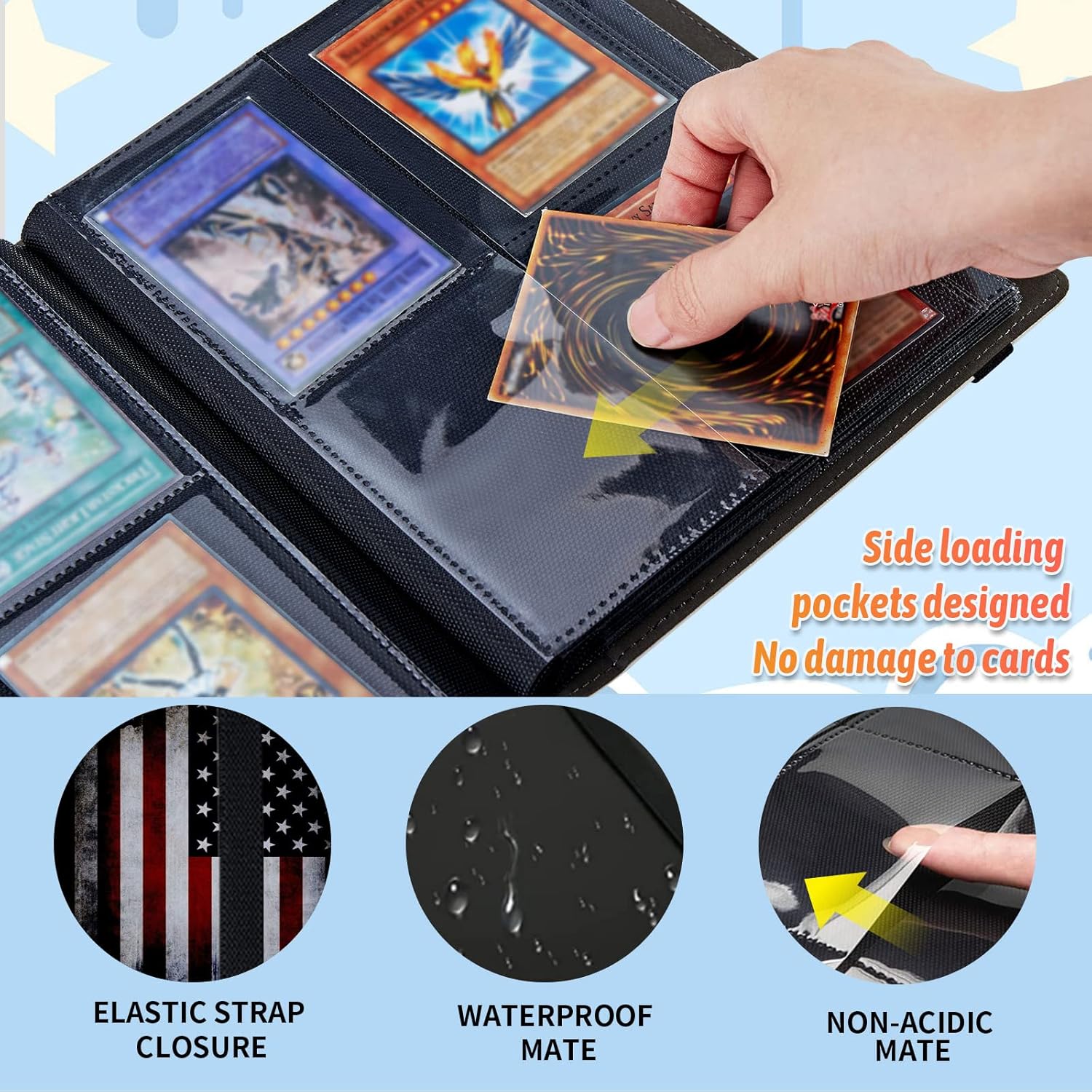 Carpeta de tarjetas coleccionables de 4 bolsillos para 320 tarjetas, libro con banda elástica que se adapta a la mayoría de tarjetas de tamaño