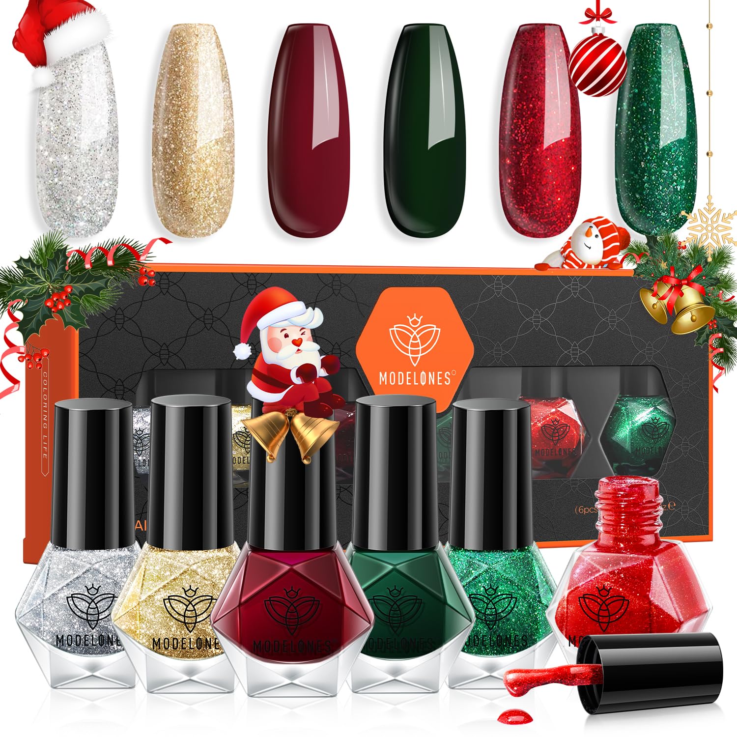 modelones Juego de esmaltes de uñas de Navidad, 6 colores, rojo y verde, con purpurina, juego de esmalte de uñas dorado y plateado, kit de esmalte