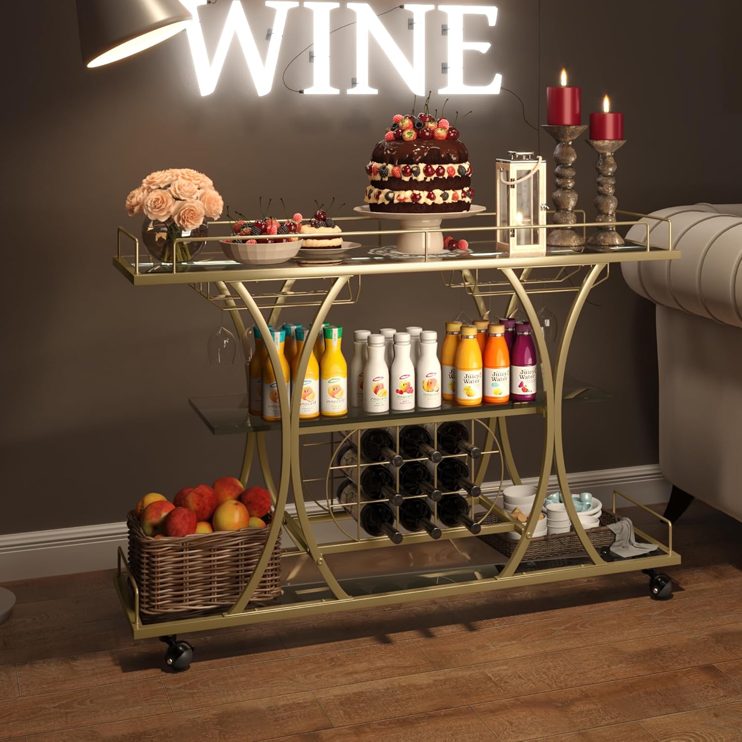 mikibama Carrito de bar industrial de metal móvil de madera para el hogar, pequeño carrito de bar rústico con estante para vino y estantes de