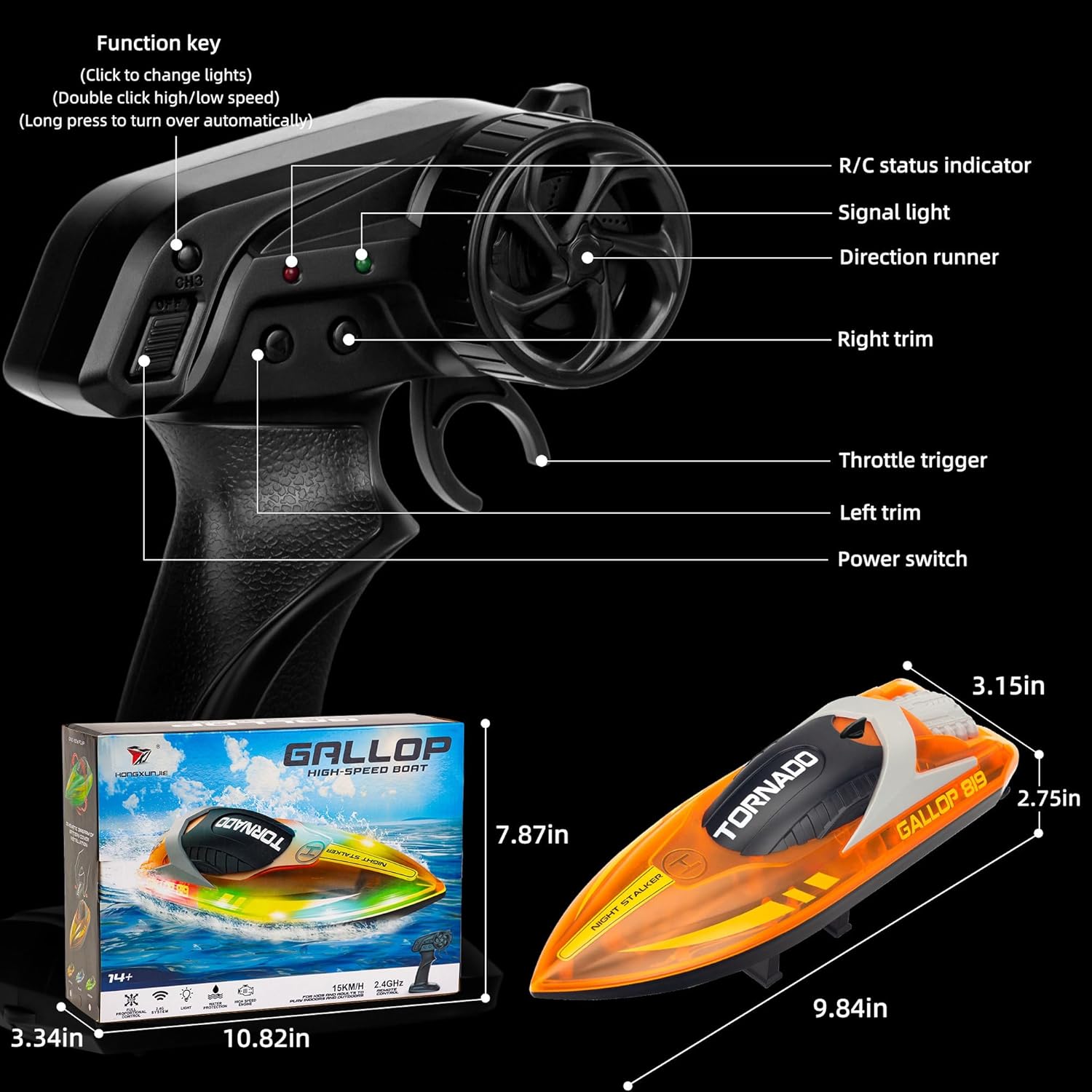 Barco a control remoto para niños de 8 a 12 años, 15+ MPH barco de control remoto rápido con luces LED, 2.4G RC barcos eléctricos para piscina y
