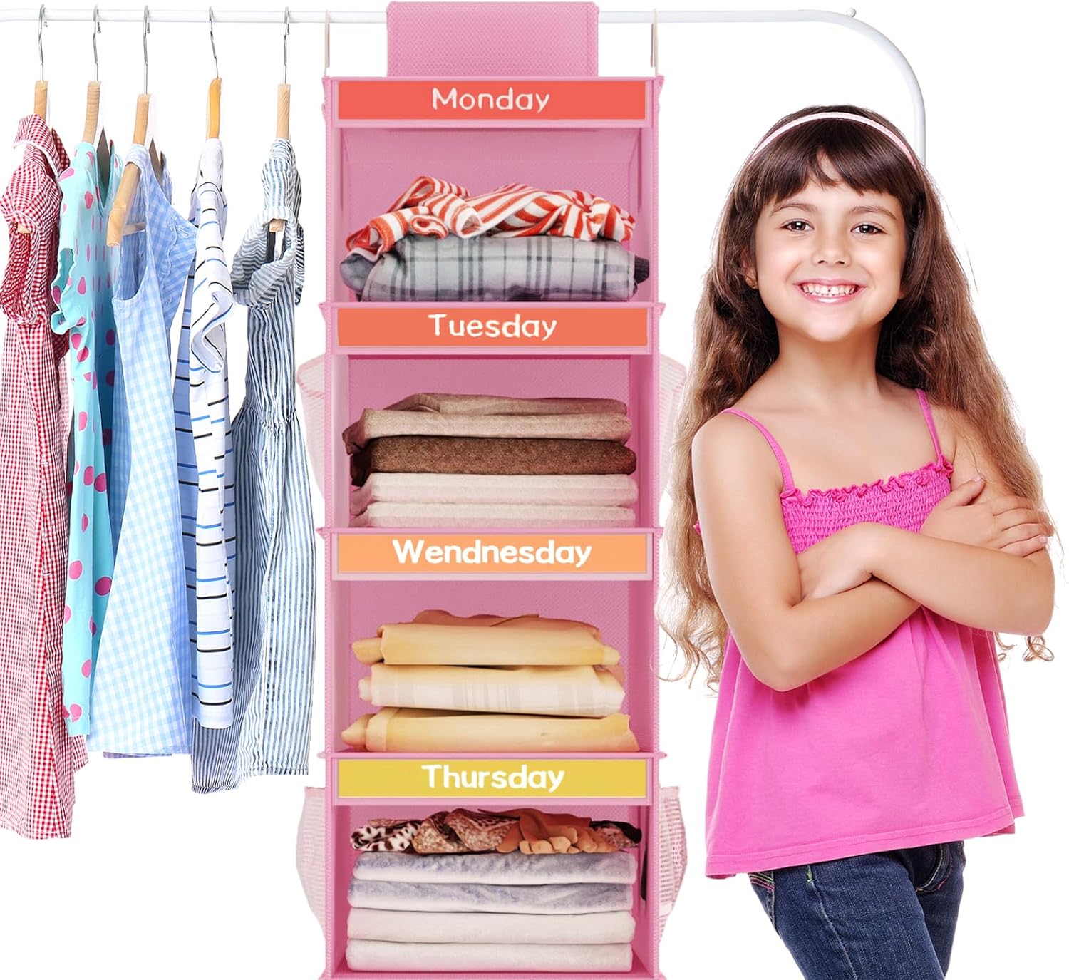 Fixwal Organizador semanal de ropa de 6 estantes para niños, estante diario para niños, organizador de armario colgante con 6 bolsillos laterales,
