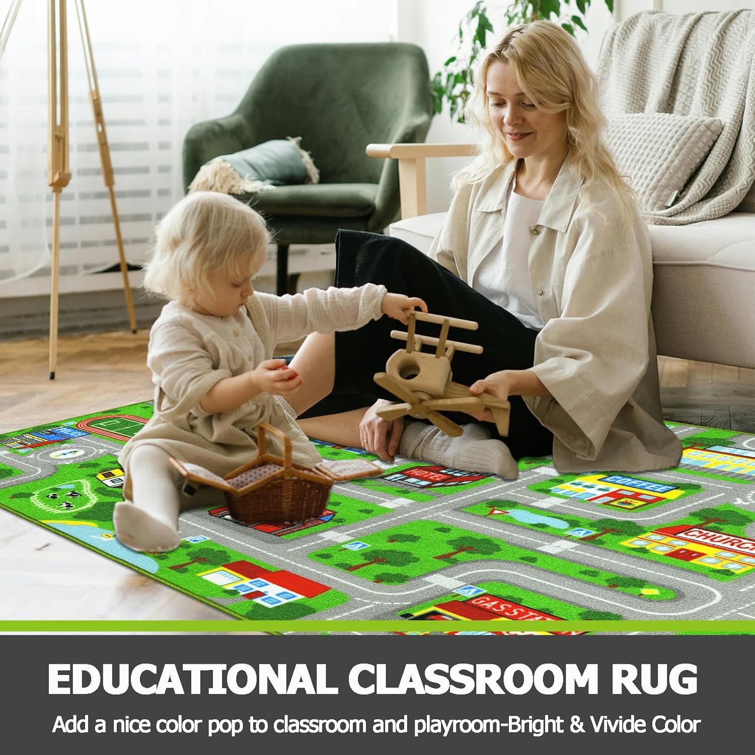 Capslpad Alfombra de juego para niños, antideslizante, 5.2 x 3.3 pies, lavable, con vida en la ciudad, tráfico, carretera, para niños, educativo,