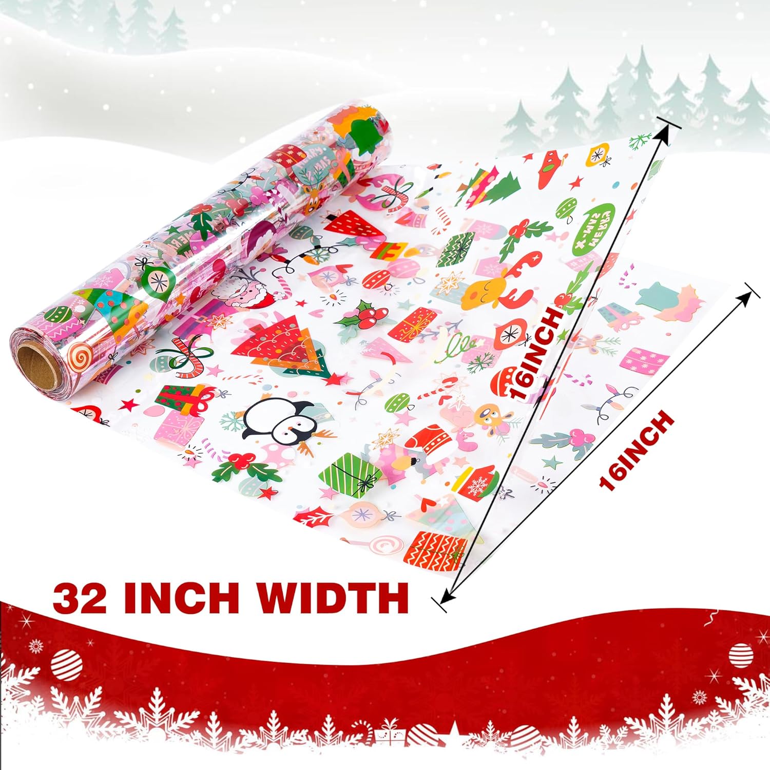 Rollo de celofán de Navidad de 100 pies x 32 pulgadas, bolsas de celofán de Navidad, envoltura de celofán con árbol de Navidad especial de Papá Noel