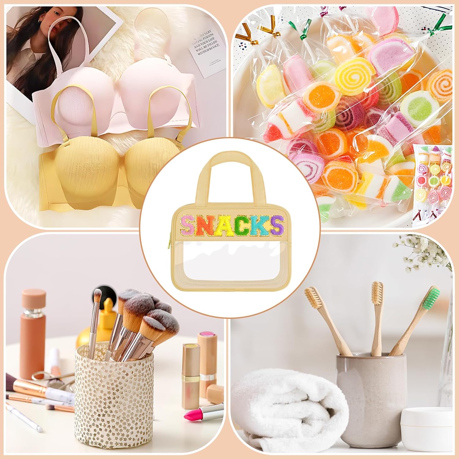 Bolsa de maquillaje transparente con letras de chenilla, bolsa de cosméticos de preparación con cremallera, bolsa de cosas impermeable para