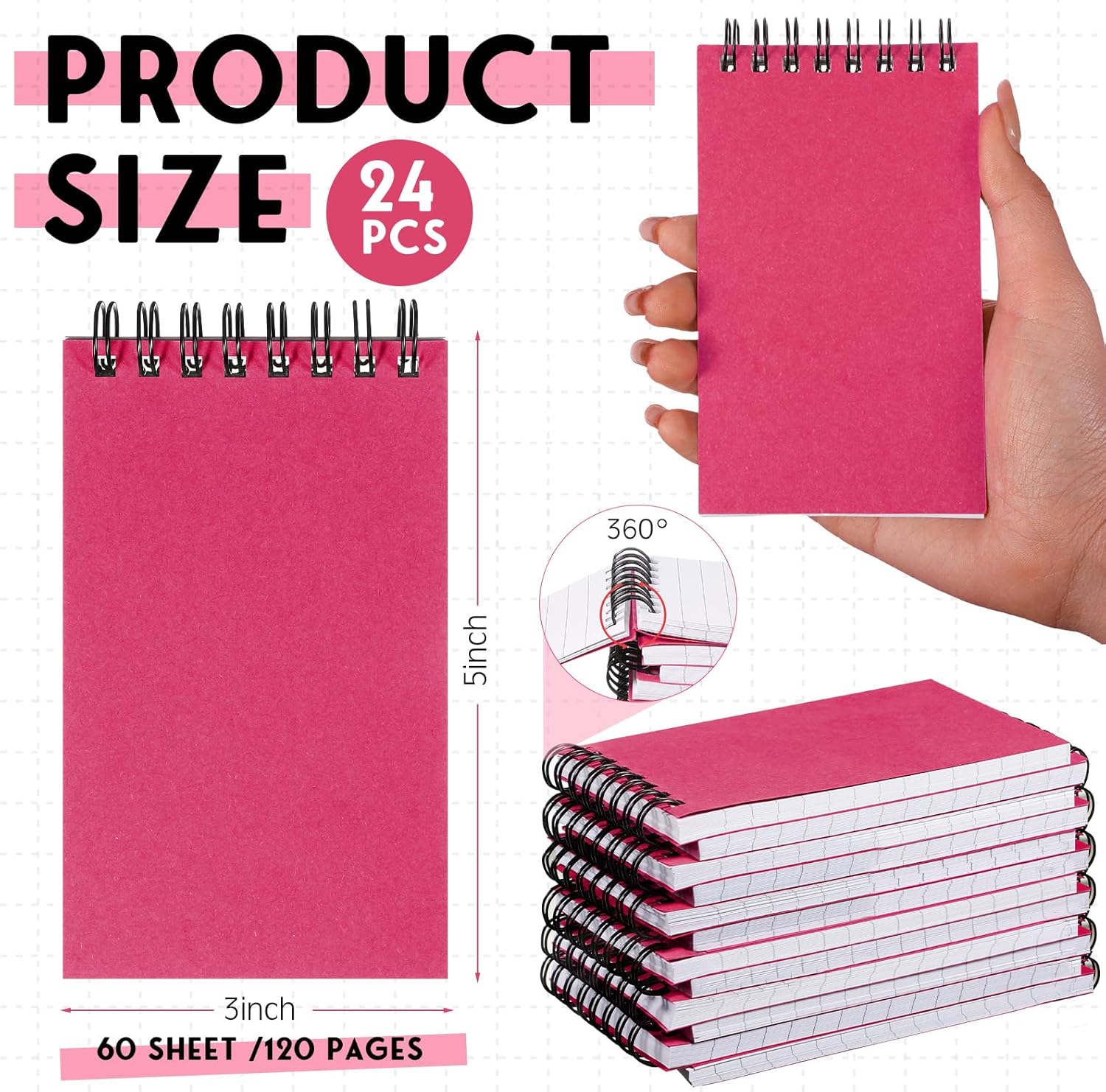 Cholemy 24 cuadernos pequeños en espiral de 3 x 5 pulgadas, mini bloc de notas en espiral, cuadernos de bolsillo encuadernados en la parte superior,