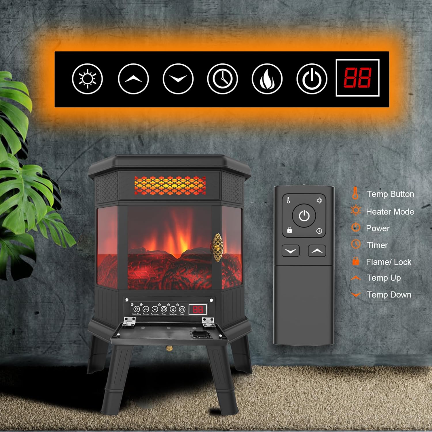 Calentador eléctrico de chimenea de 22 pulgadas, estufa de chimenea infrarroja RealSmart con efecto de llama 3D, control remoto, temporizador,