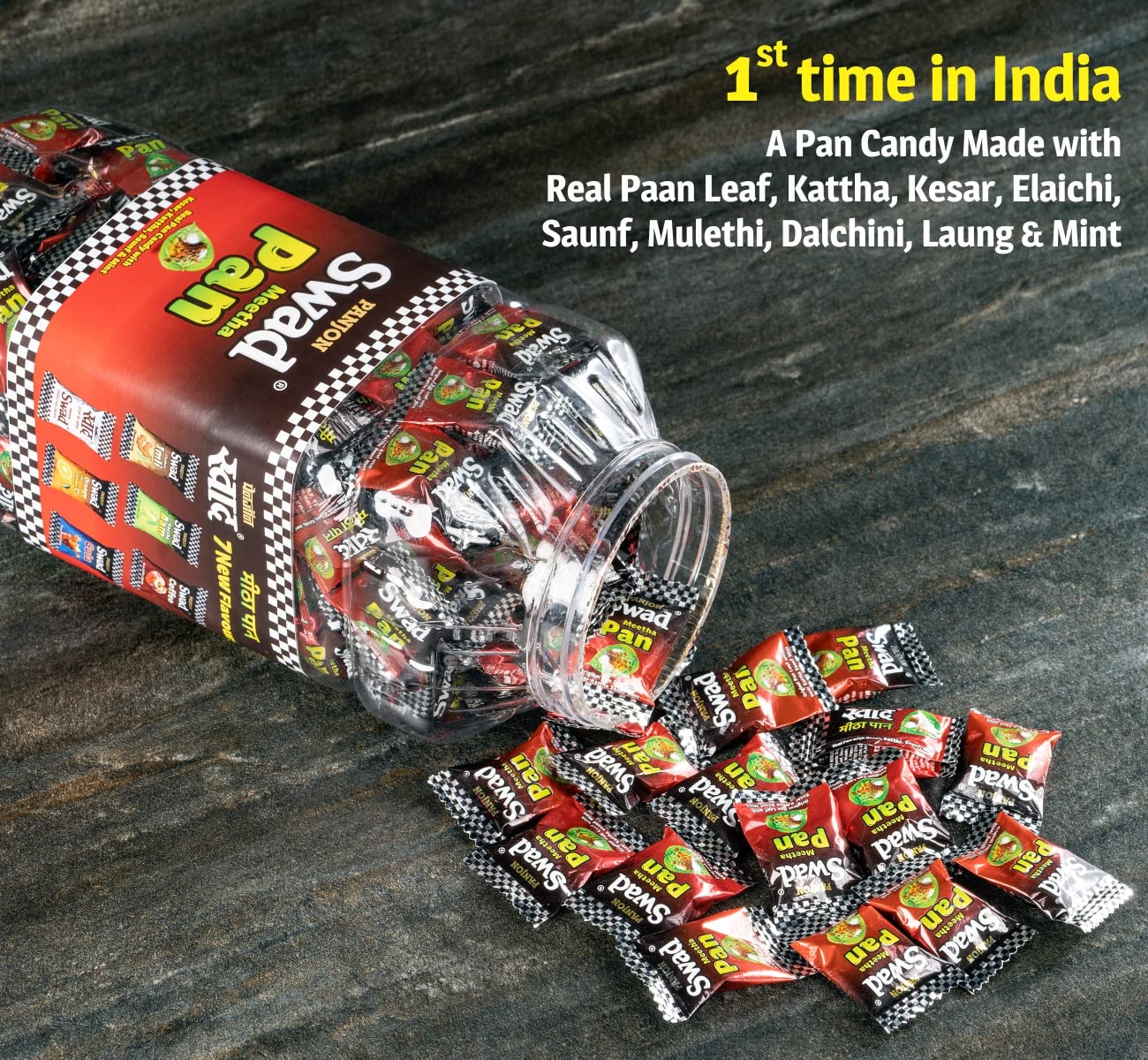 Swad Meetha Pan Candy & Swad Digestive Toffee Masala Chocolate (17.64 oz Paan Tarro, 50 Regular Pack) 2 unidades