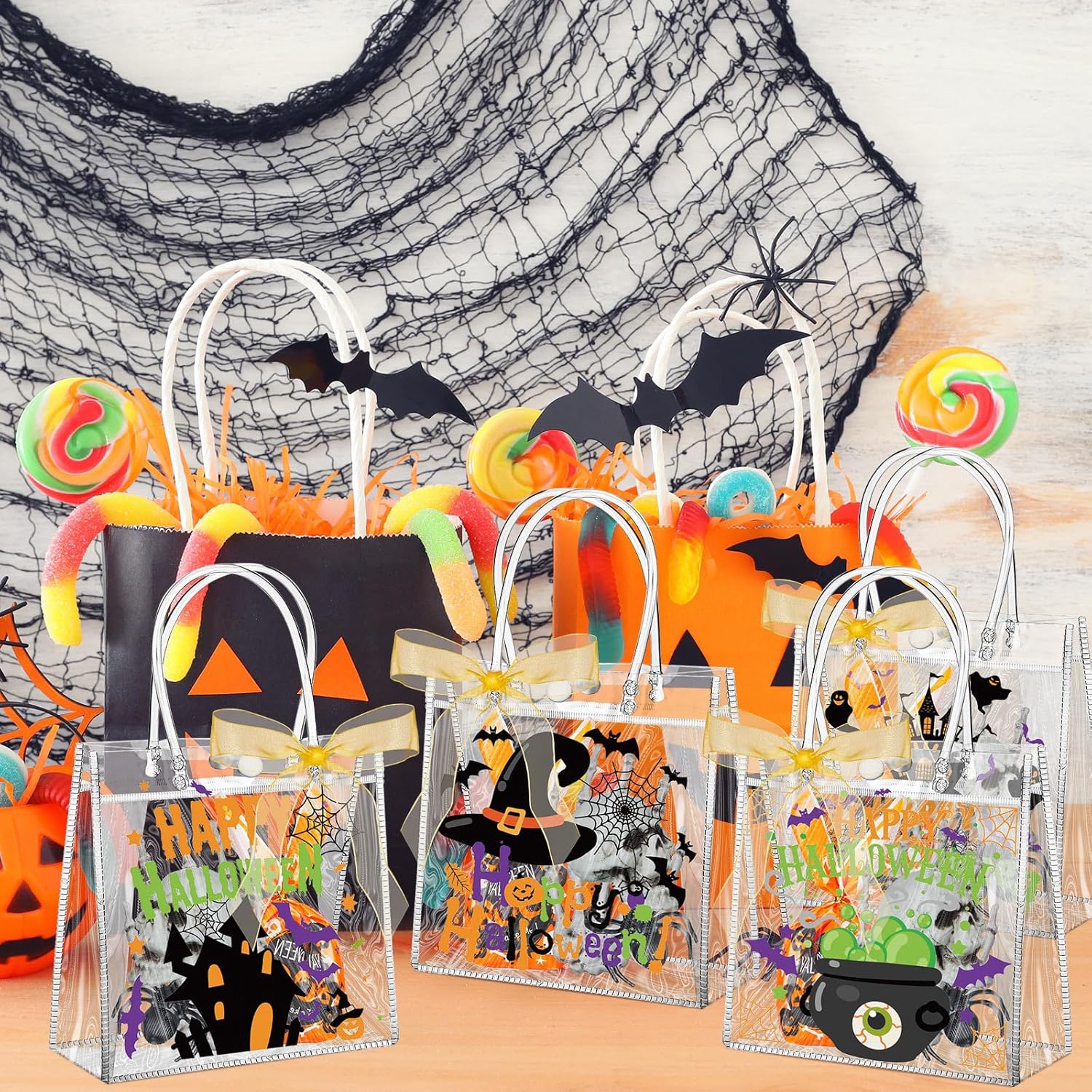 Paterr 50 bolsas de regalo transparentes de Halloween, bolsas de regalo de plástico transparente con asa, 4 estilos, bolsas de regalo de Halloween