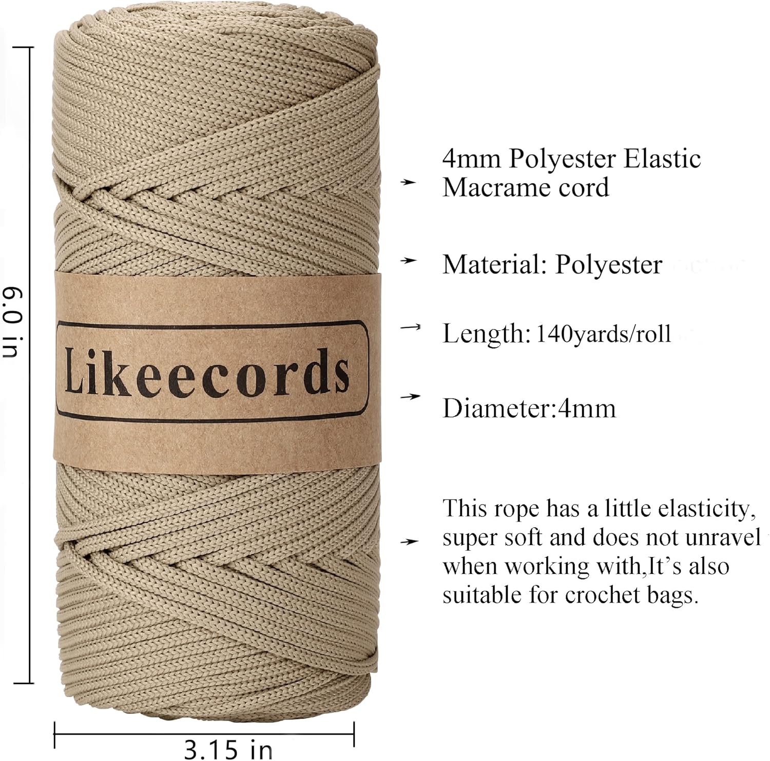 Cordón de macramé trenzado de poliéster de 0.157 in, 140 yardas, 426 pies, hilo elástico para bolsa de ganchillo para manualidades, ganchos de