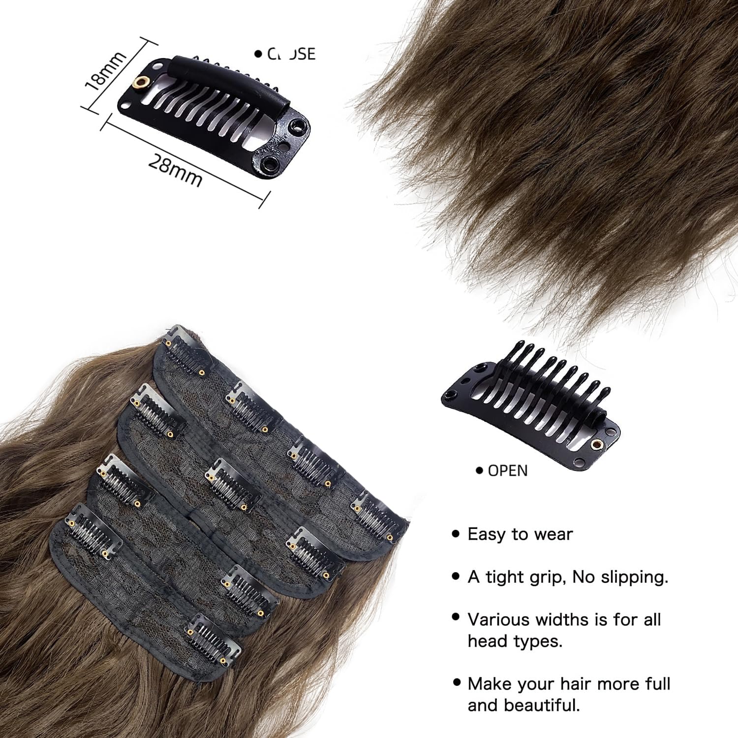 MIMISERVICE Extensiones de cabello con pinzas, extensiones de cabello largo ondulado castaño castaño castaño 4 piezas gruesas, fibra de doble trama