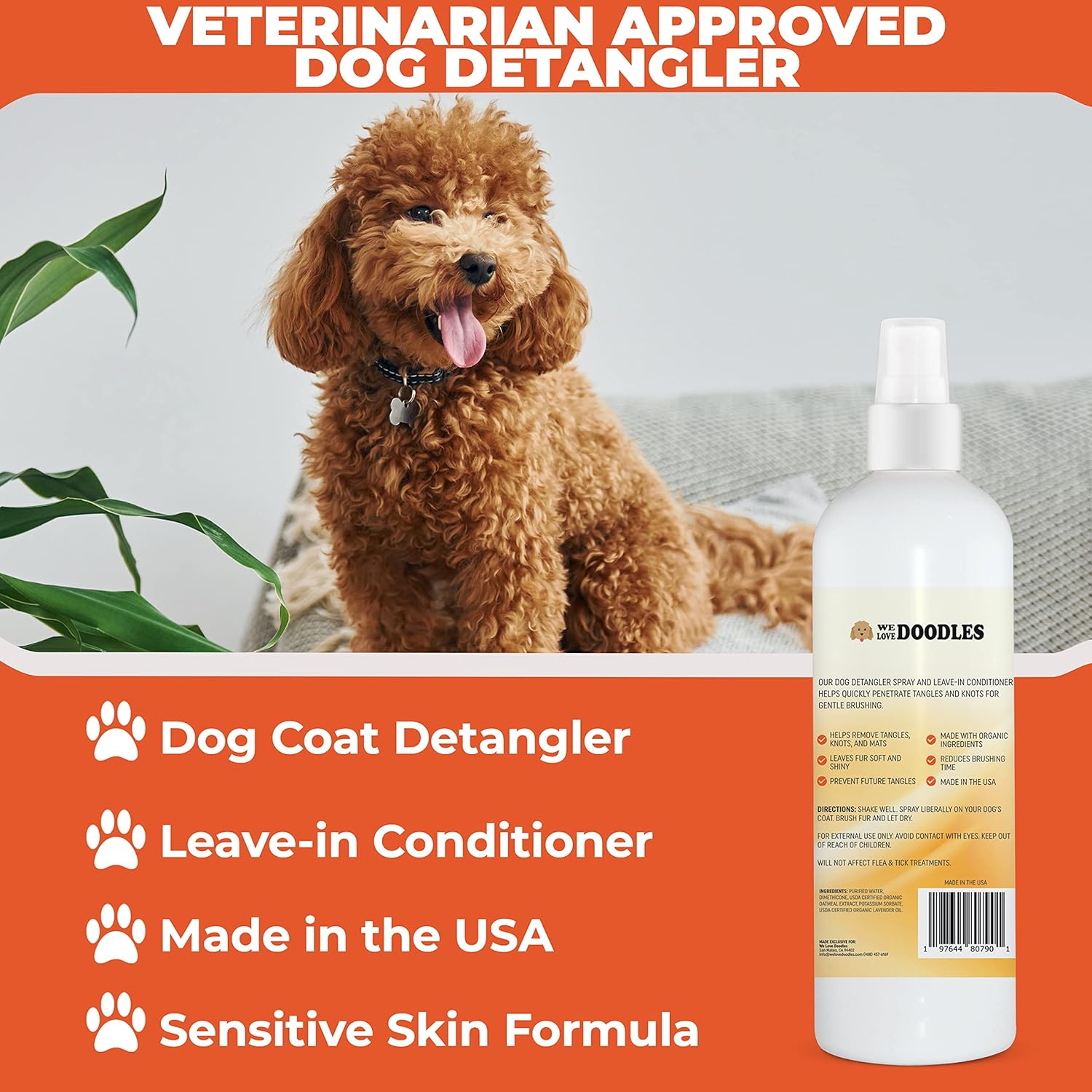 We Love Doodles Spray desenredante para perros, acondicionador sin enjuague para perros, espray desenredante para perros, espray desenredante para