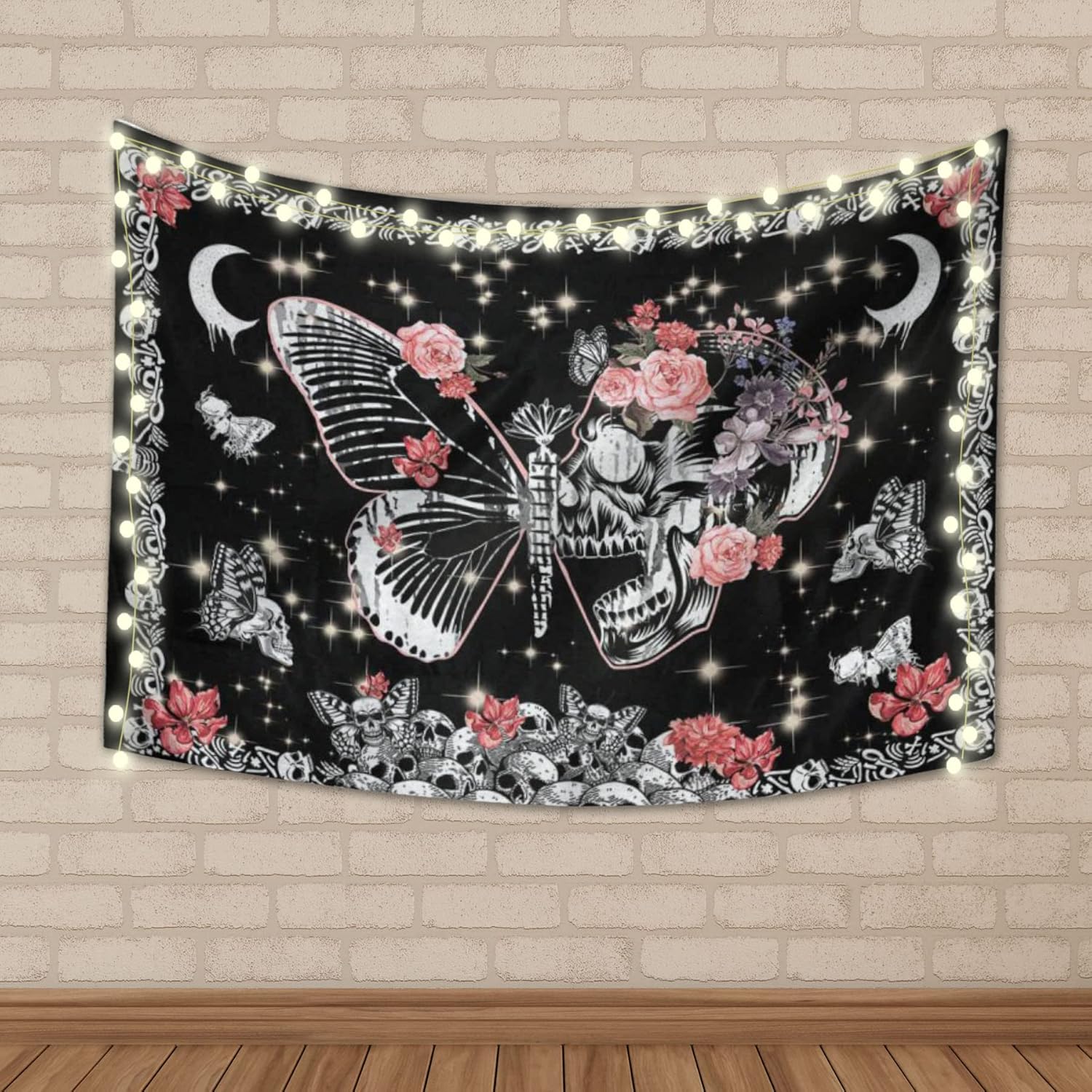 D-Story Tapiz para colgar en la pared, tapiz de calavera, esqueleto, luna, mariposa, flores, decoración del hogar, tapiz de pared de calavera, telón