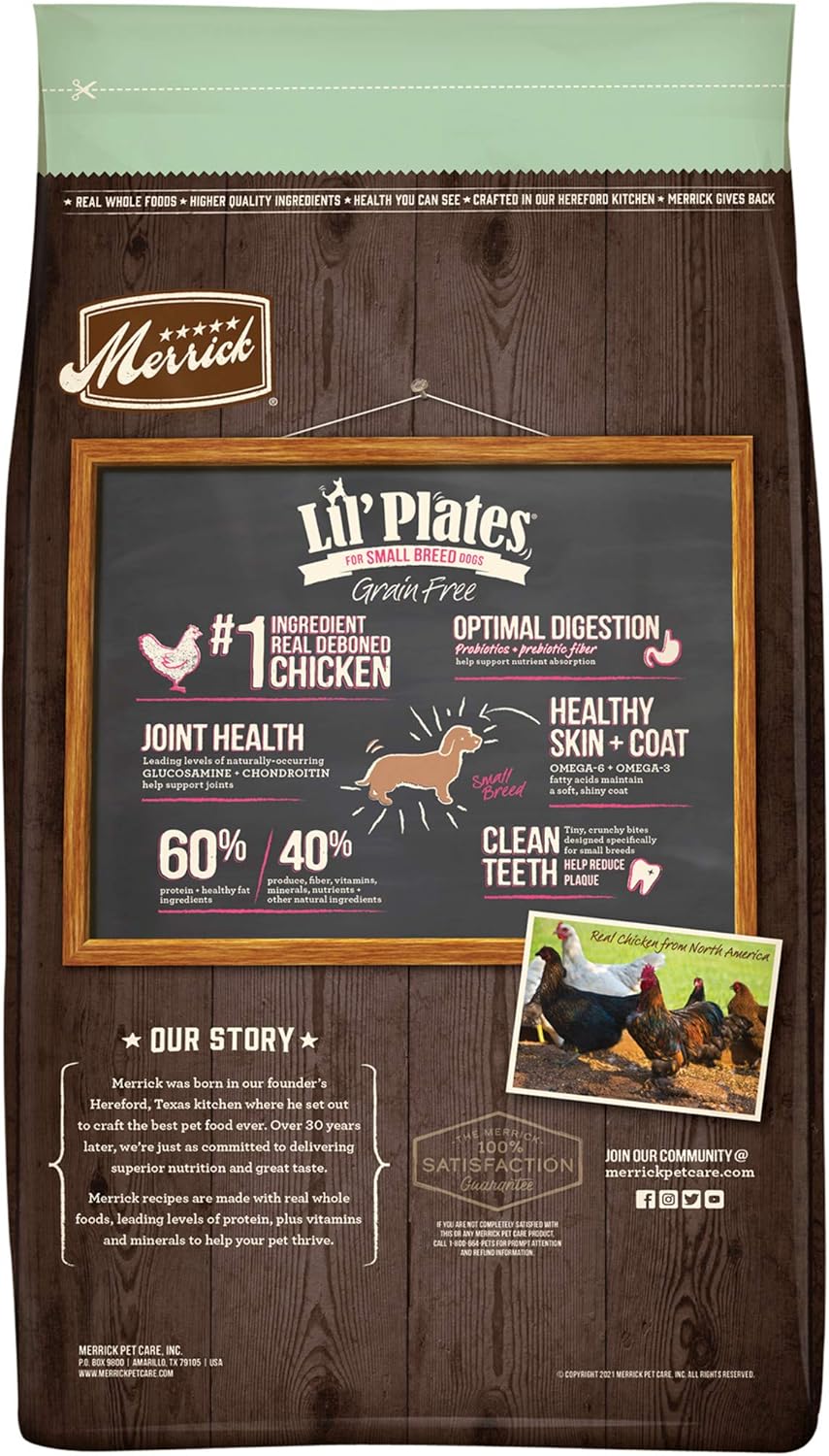 Merrick Lil’ Plates – Alimento para perros de raza pequeña, receta de pollo real y batata para personas mayores sin granos, comida para perros