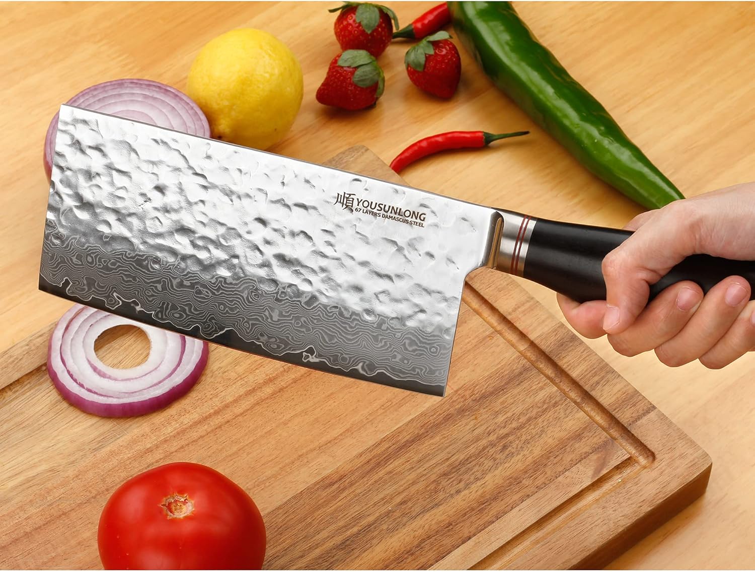 YOUSUNLONG Carne Cleaver – Cuchillo chino para verduras de 7 pulgadas, acero de damasco martillado japonés, mango de madera de plomo natural
