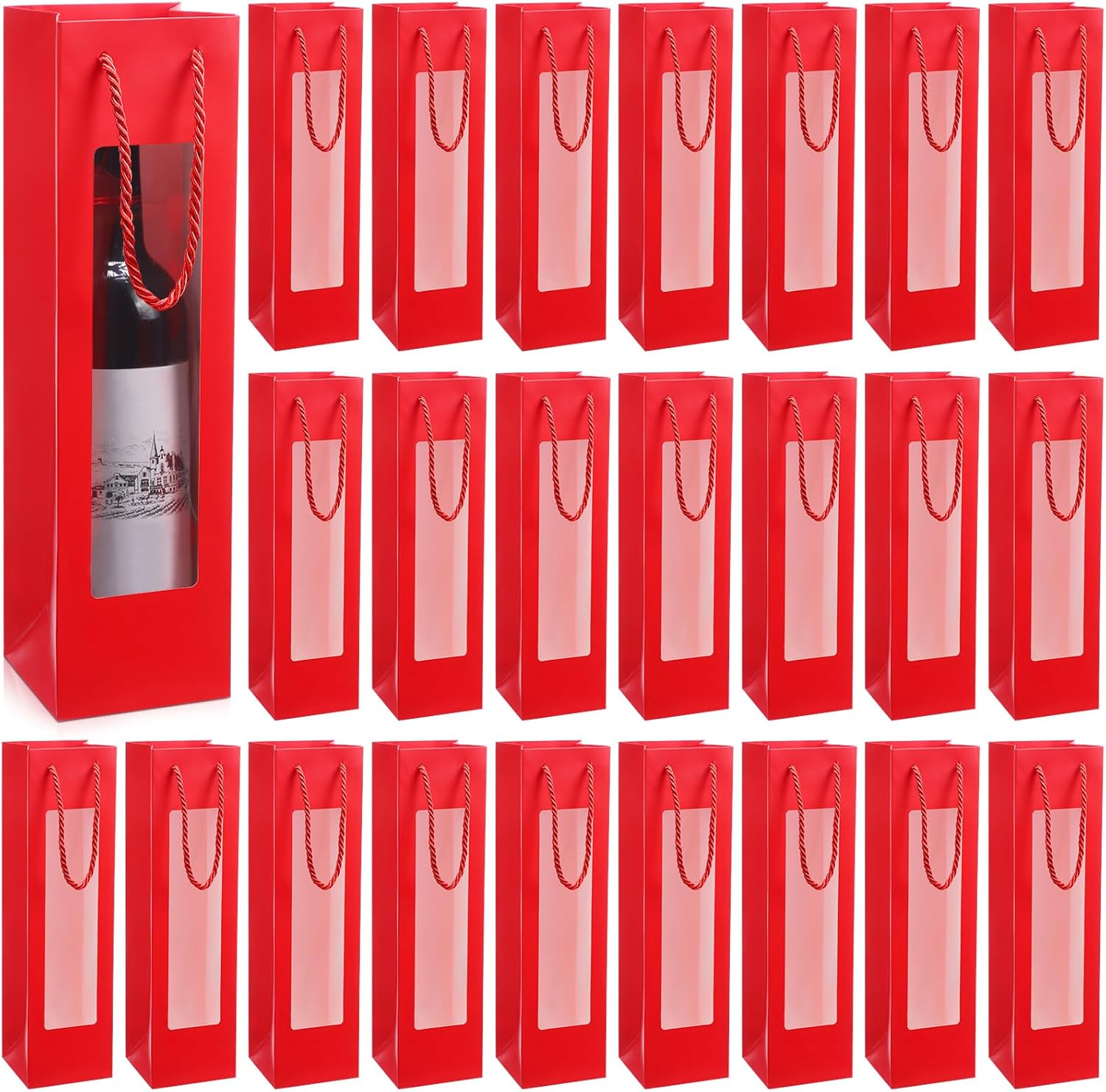 Paquete de 100 bolsas de vino tinto para botellas de vino, bolsas de regalo de vino a granel con asas de ventana de 3.5 x 3.7 x 13.6 pulgadas,