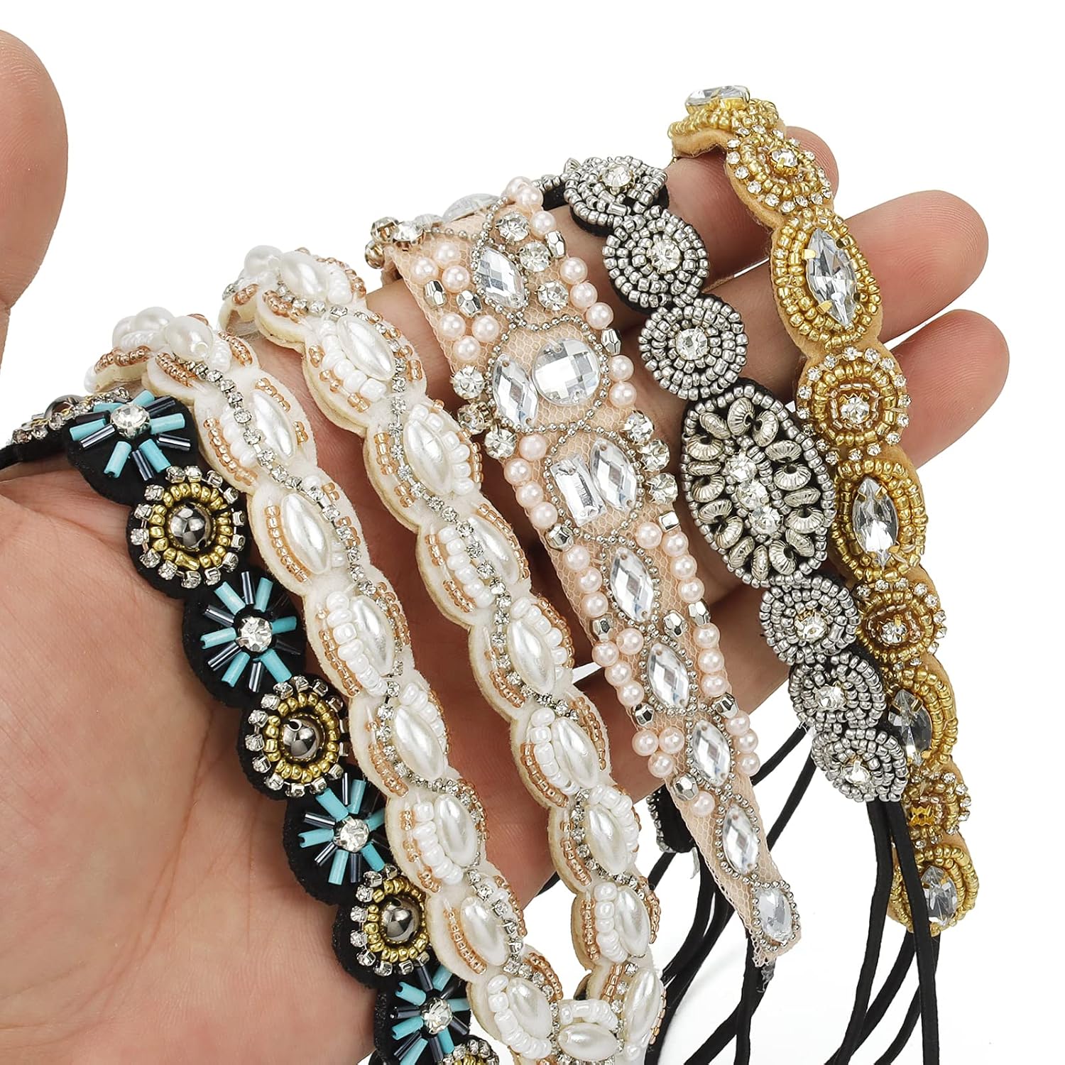 AMCAMI 5 diademas de cuentas con perlas y diamantes de imitación para mujer, bandas para la cabeza con cuentas brillantes, diademas hippie para
