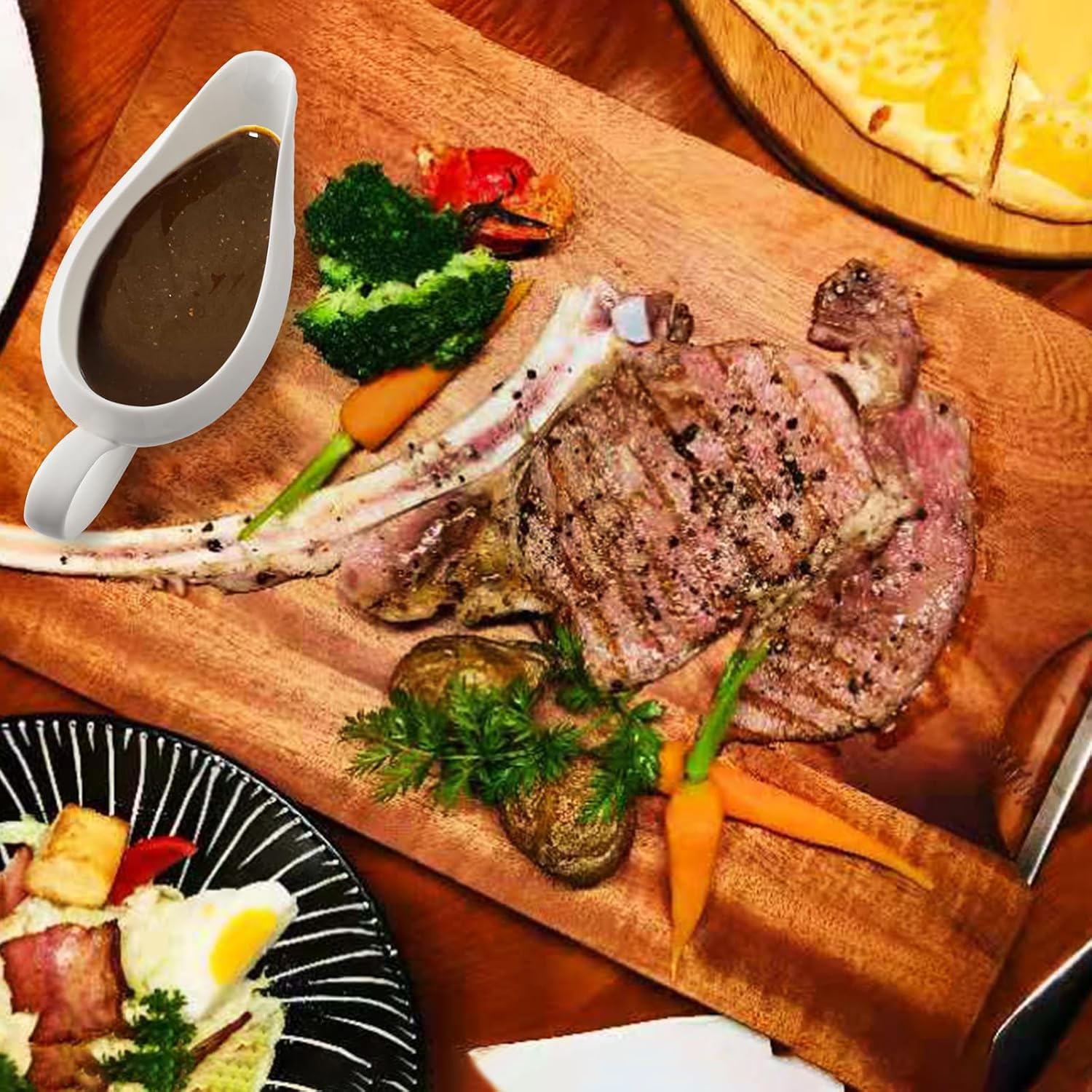 Barco de salsa de porcelana, cuenco de salsa de 16 onzas con platillo para caldo, aderezos de ensalada, crema, leche, pimienta negra (blanco)