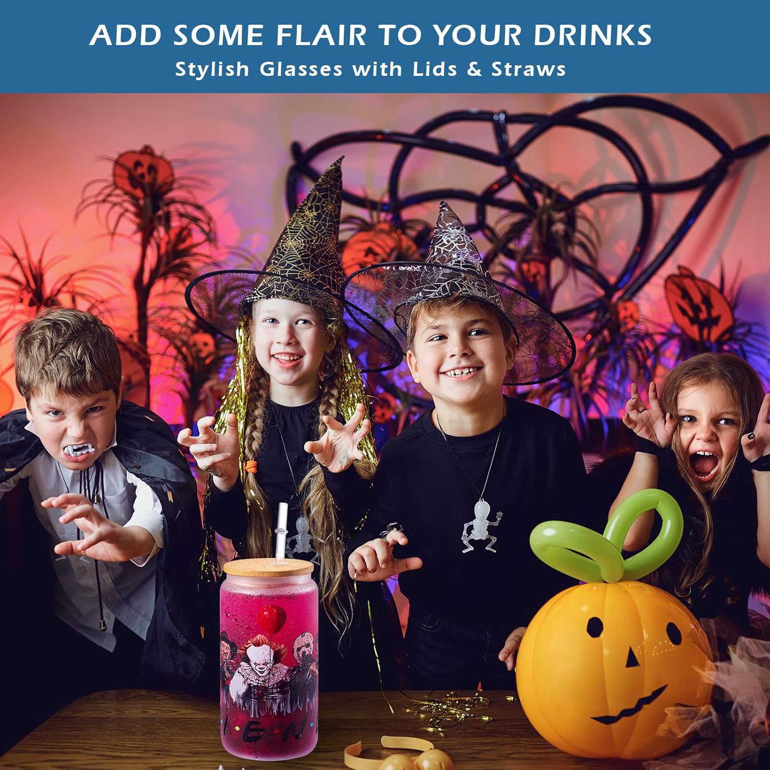 Vasos de cristal de terror con tapas y pajitas de bambú, vaso de Halloween con cara fantasma, regalos de película para mujeres, taza de café helado