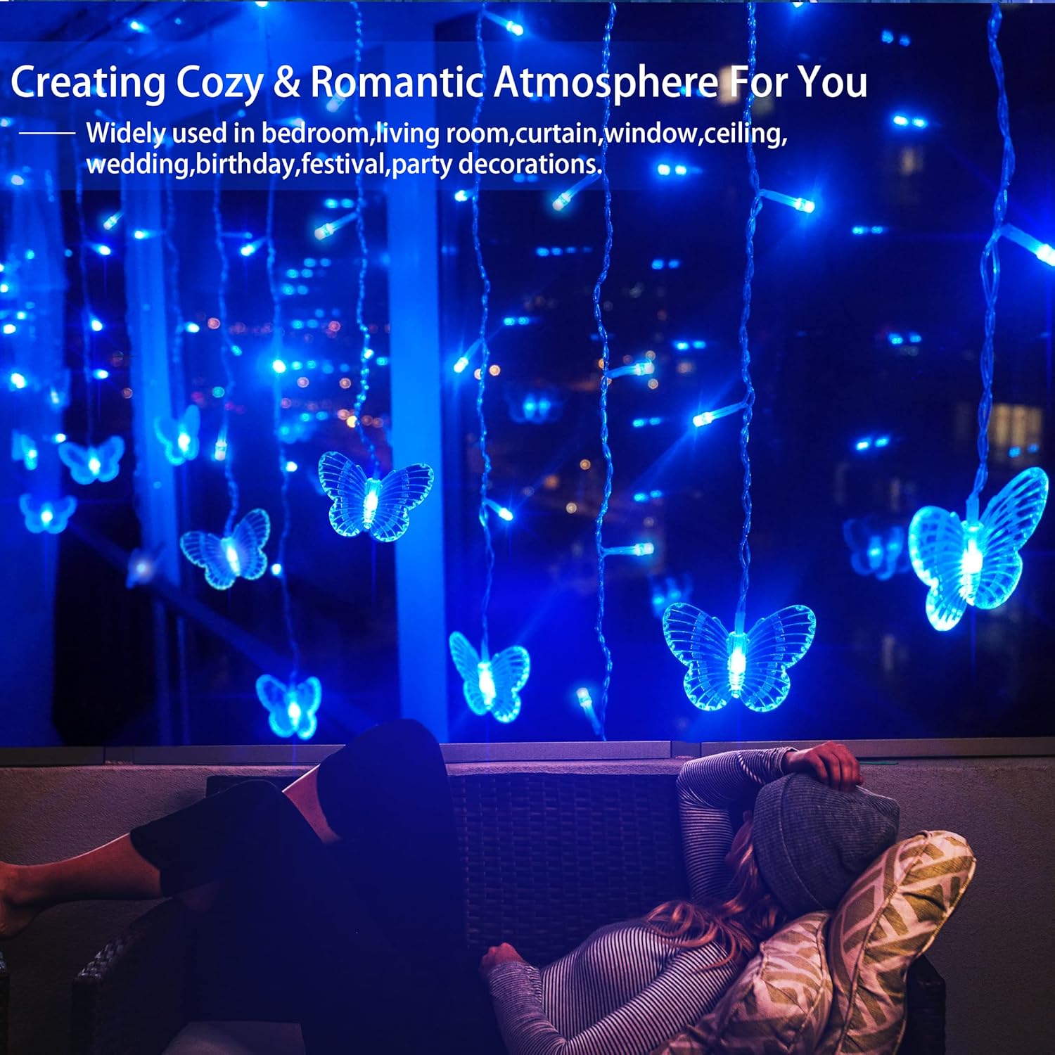 Guirnalda de luces de mariposa azul con enchufe USB, 120 LED, 8 modos, 20 pies, luciérnaga, luces de carámbano parpadeantes, con temporizador