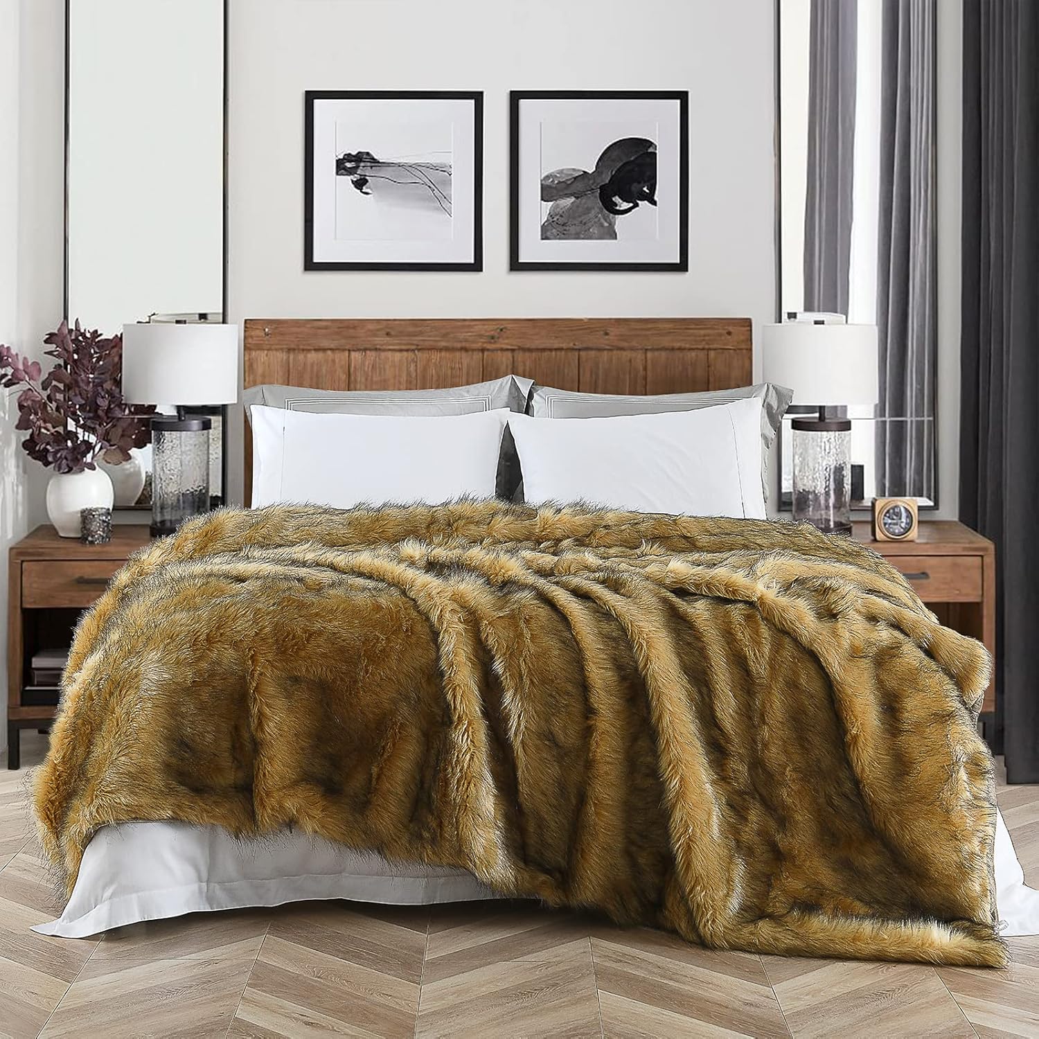 Manta de felpa de piel sintética de lujo, tamaño Queen, de pelo largo, color amarillo dorado con puntas negras, manta decorativa de gran tamaño