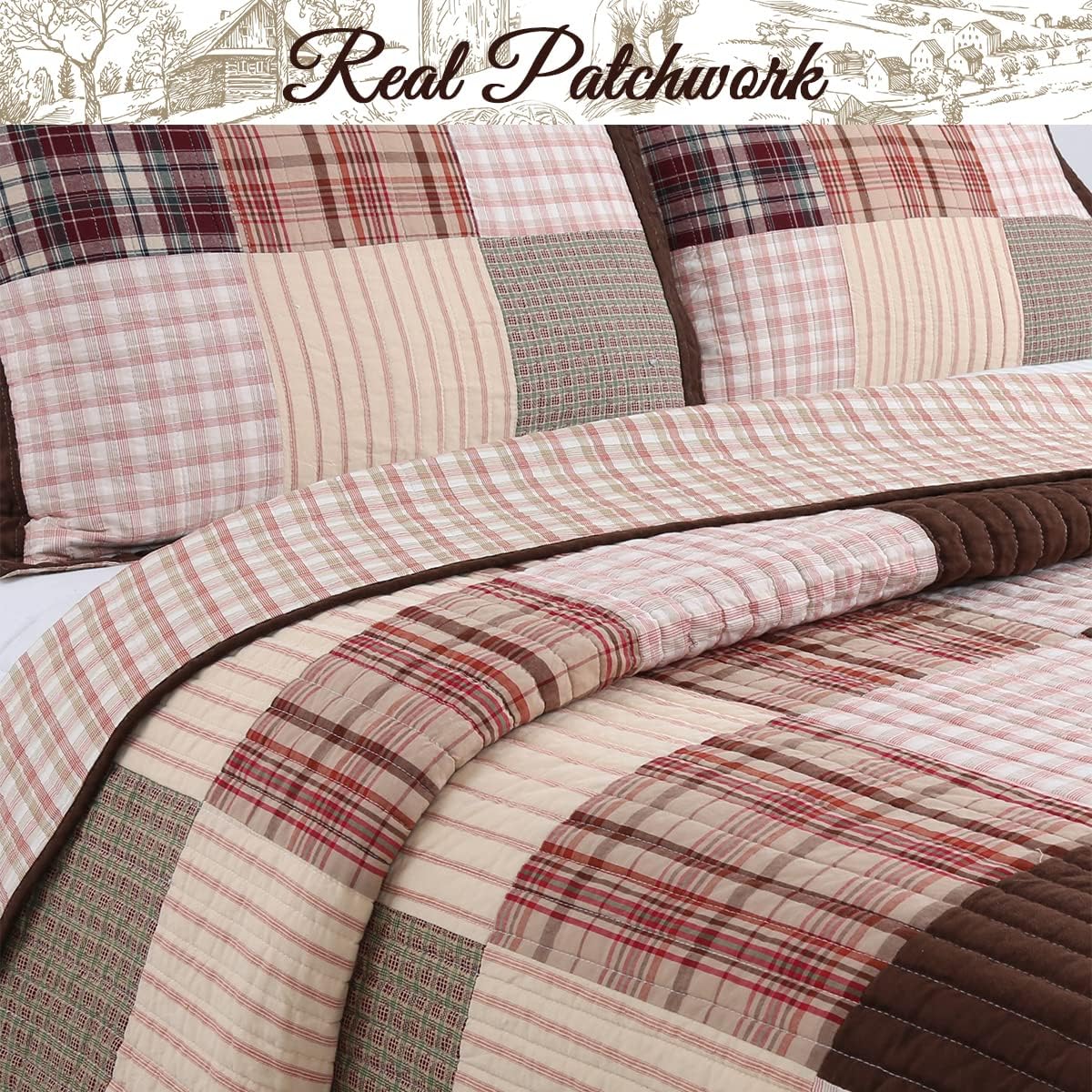 Cozy Line Home Fashions Brody Farmhouse – Juego de ropa de cama reversible con diseño de retazos reales a rayas de chocolate (cuadros marrones,