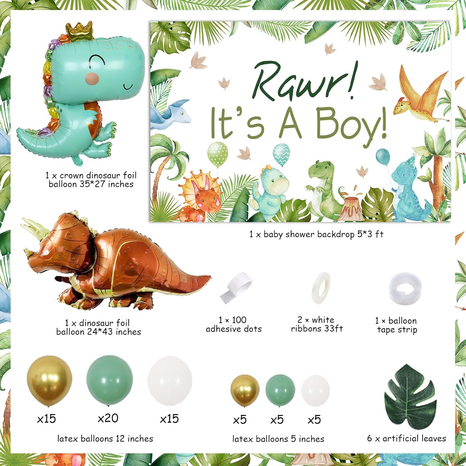 Decoraciones de dinosaurio verde salvia para baby shower, decoraciones de dinosaurio It’s a Boy – Kit de guirnalda de globos de color verde salvia,