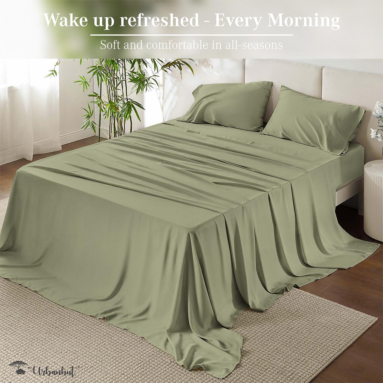 URBANHUT Sábanas de algodón egipcio de 1000 hilos tamaño King, fibra larga, suaves y transpirables, juegos de sábanas de 4 piezas para cama tamaño