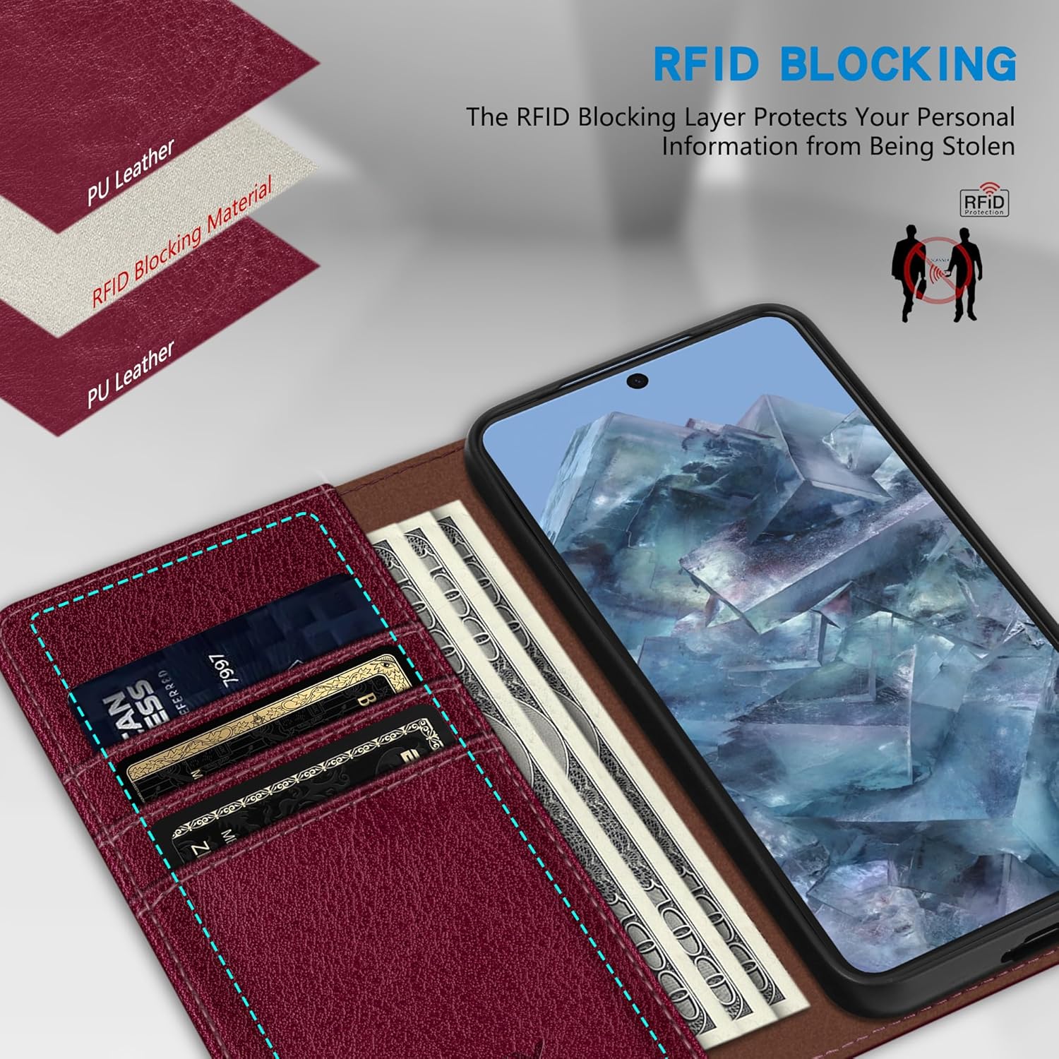 ZZXX Funda tipo cartera para Google Pixel 8 Pro con bloqueo RFID, soporte de ranura para tarjetas, funda protectora de cuero magnético fuerte
