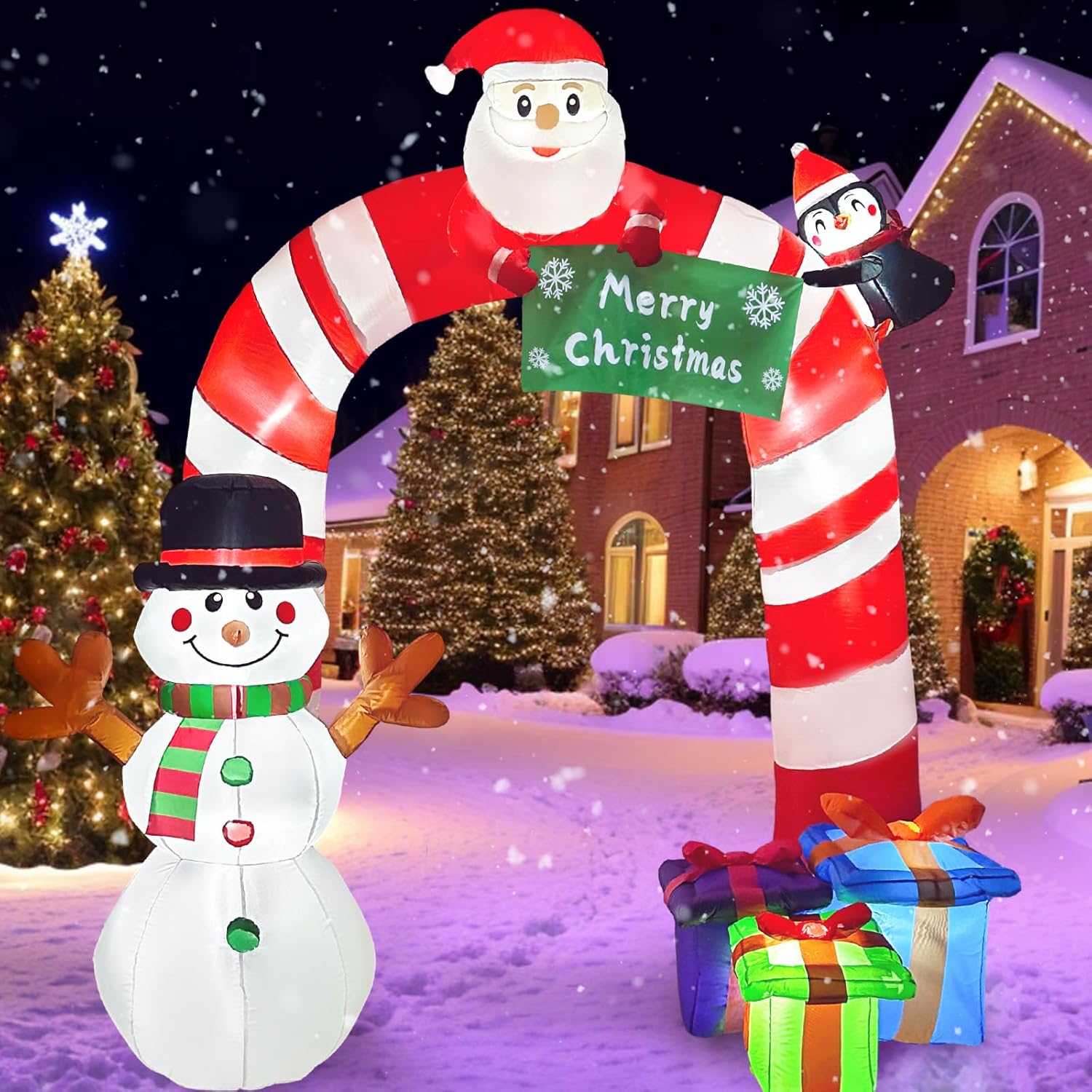 OurWarm Arco inflable de bastón de caramelo inflable de 8 pies, pingüino de Papá Noel y muñeco de nieve, decoraciones de patio con luces LED