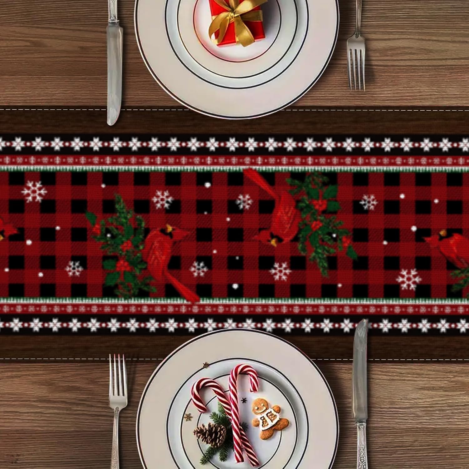 Camino de mesa de Navidad, cuadros y alces rojos y negros, decoración de mesa de Navidad, decoraciones de Navidad de invierno, decoración de mesa de