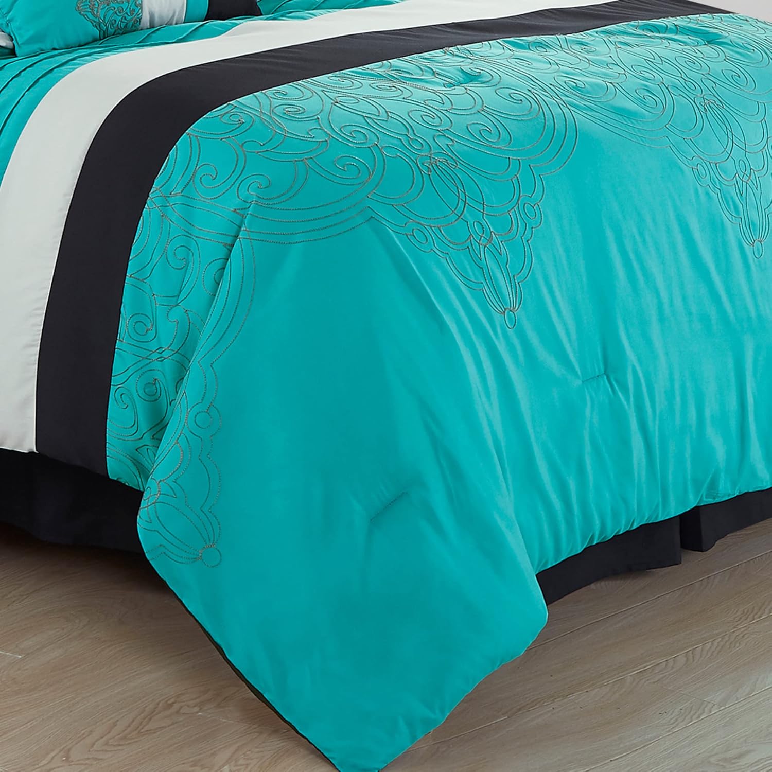 Chezmoi Collection Chloe – Juego de edredón de 7 piezas, diseño geométrico de medallón, plisado, a rayas, color verde azulado, gris, negro, tamaño