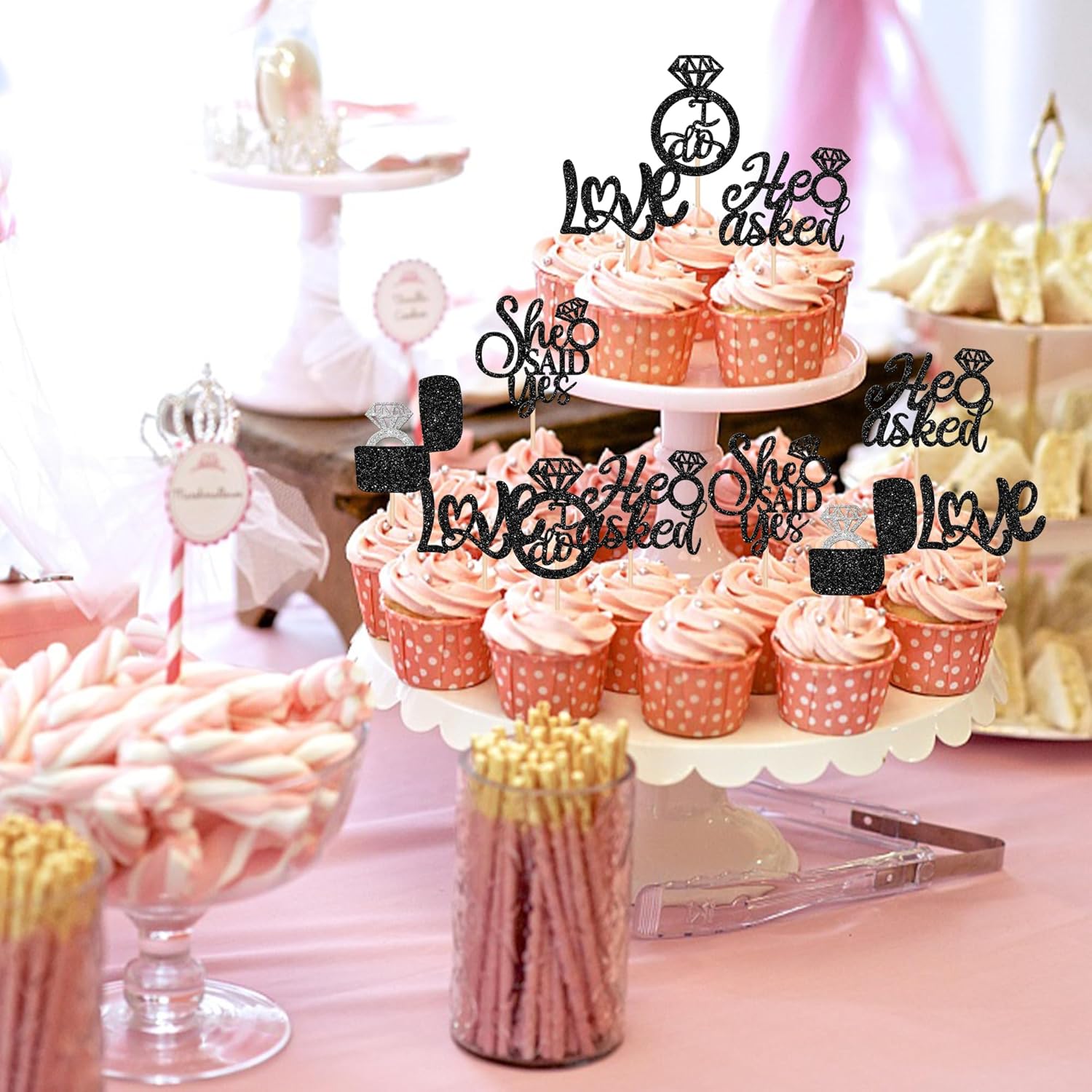 30 piezas de adornos para cupcakes con texto en inglés “He Asked She Said Yes Love I Do”, anillos de diamantes para bodas, despedidas de soltera,